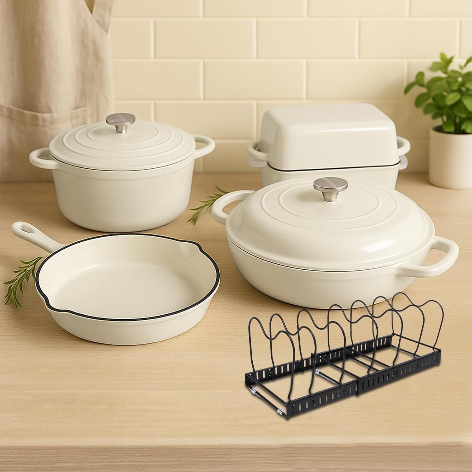 Batterie De Cuisine 5 Pièces En Fonte Émaillée, Comprenant Casseroles, Poêles, Cocotte Avec Couvercle, Casserole De 2,3 Litres Pour Sauce Hollandaise, Poêle De 28 Cm Et Plat À Pain. Compatible Four. C
