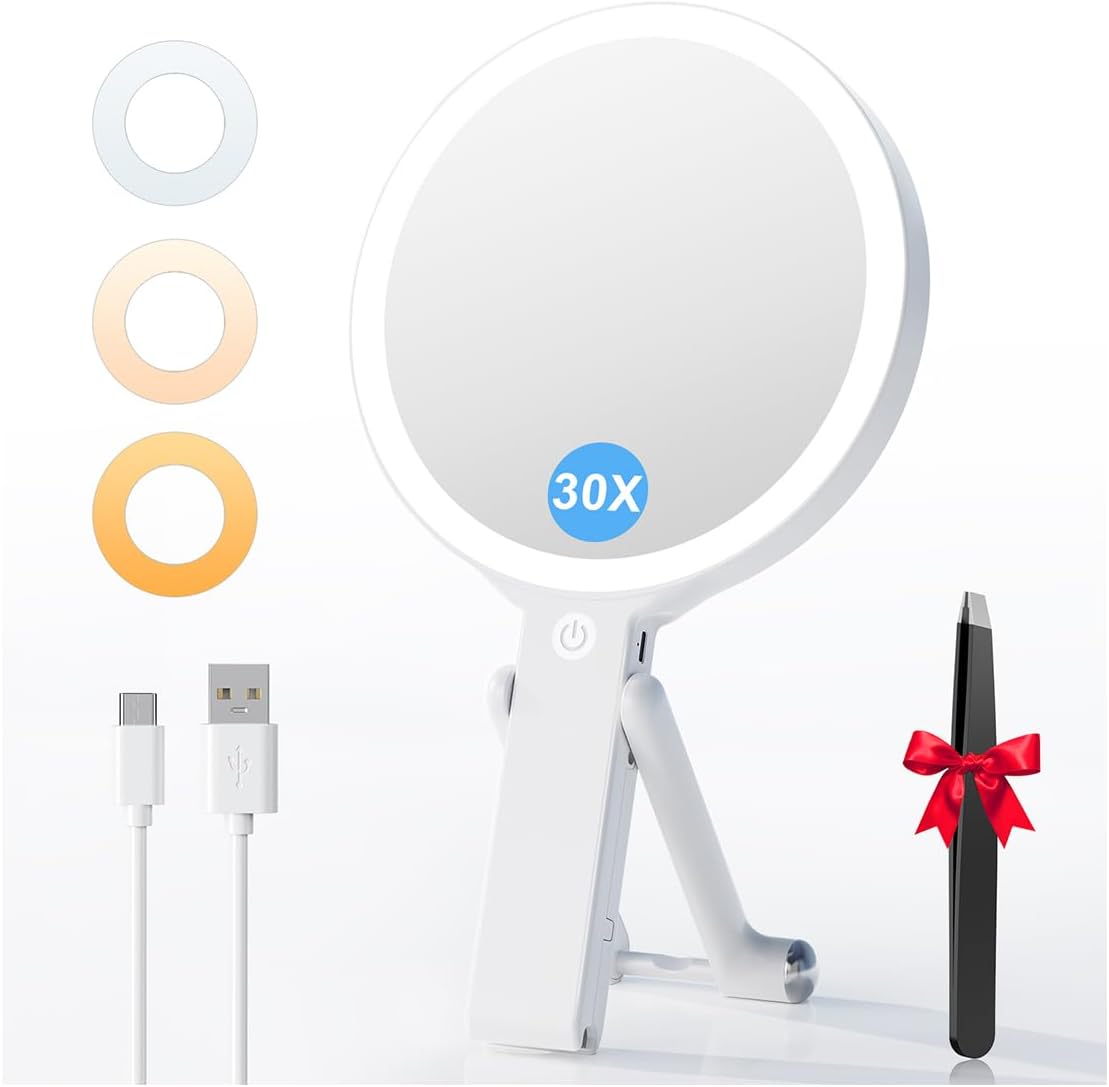 Miroir De Maquillage À Double Face Éclairé (30x/1x), Miroir Cosmétique Rechargeable Avec Batterie De 2000 Mah Et 3 Couleurs D'Éclairage, Miroir Led Pliable Avec Pince À Épiler Pour Les Voyages/bureau/
