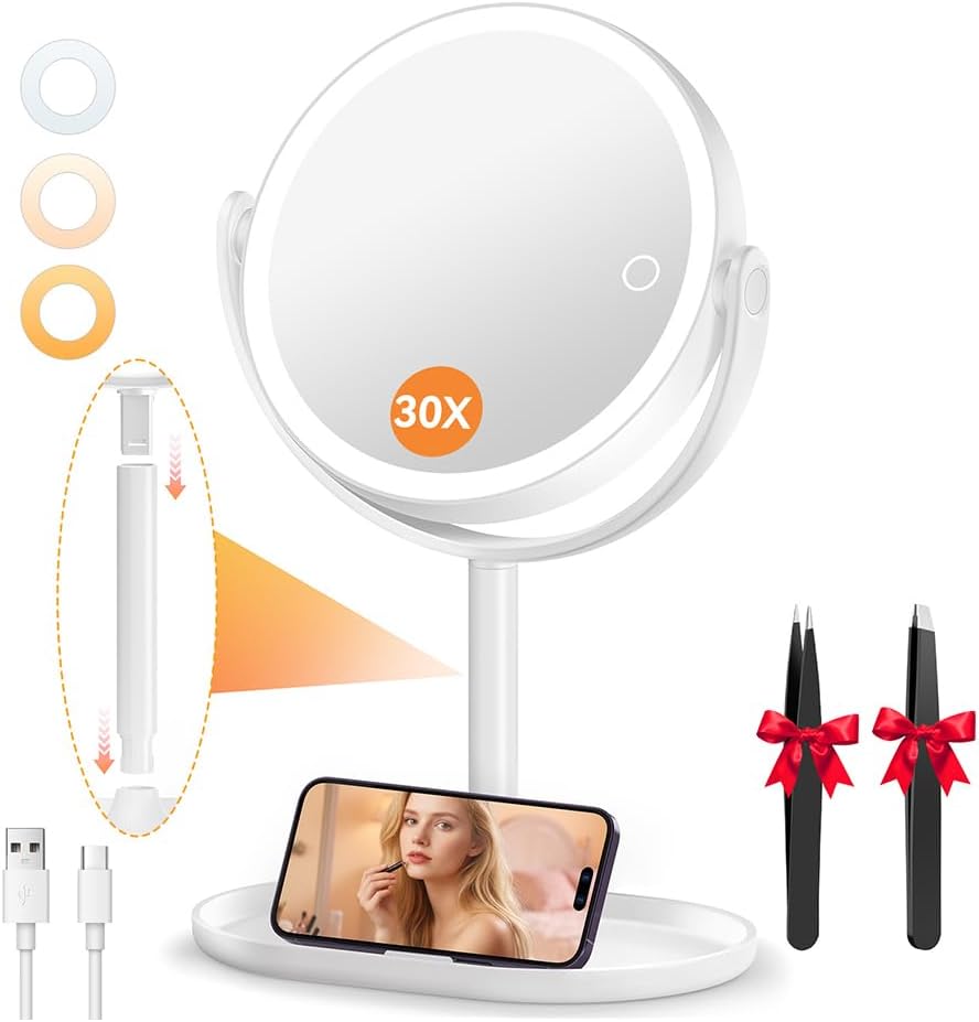 Miroir Cosmétique Éclairé 30x/1x Avec 3 Couleurs, Éclairage Led Dimmable, 2 Commandes Tactiles, Rotation À 360°, Miroir De Grossissement Éclairé Pour Salle De Bain Et Chambre À Coucher