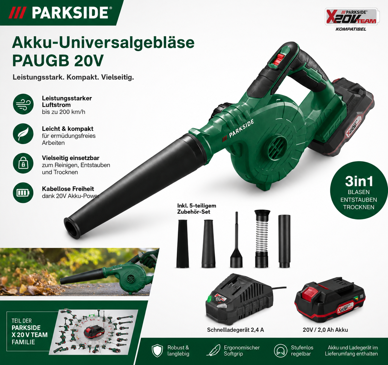 Parkside 20 V Akku-universalgebläser Paugb, Laubbläser Mit Akku 2 Ah /ladegerät