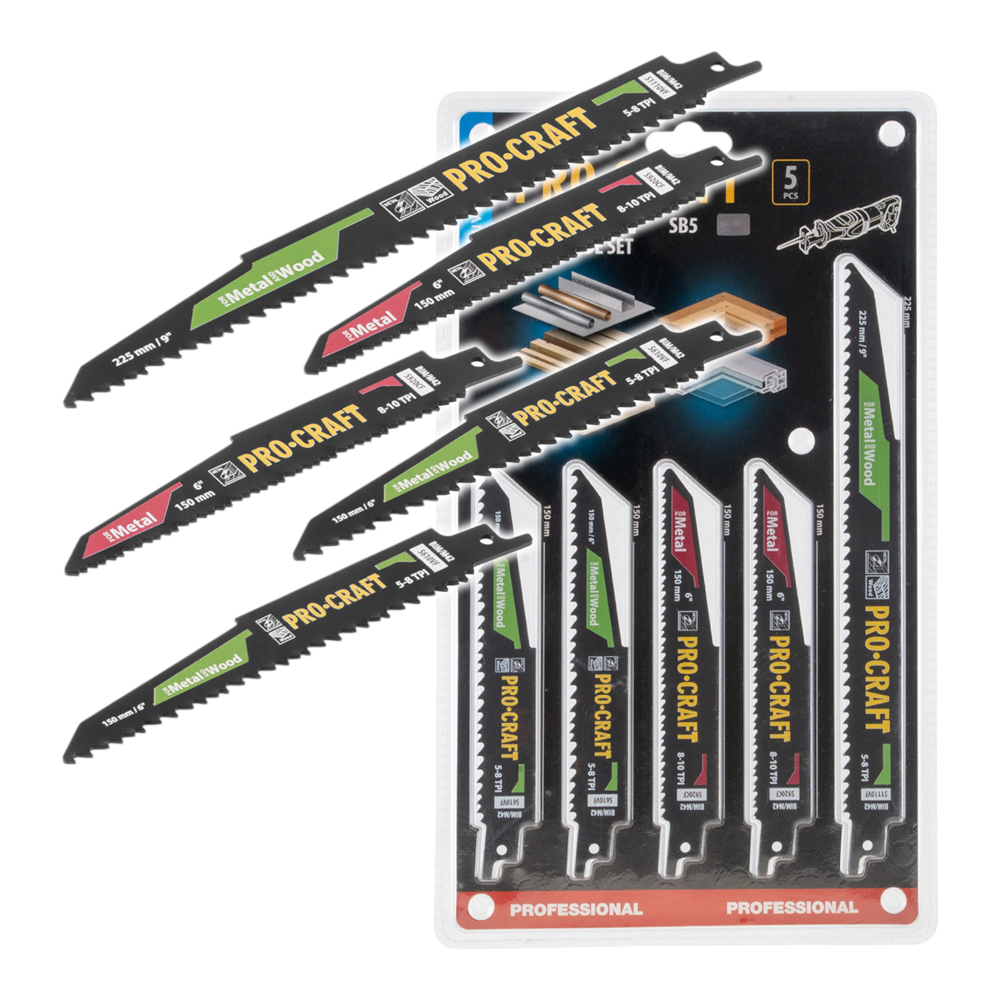 Procraft Sb5 Säbelsägeblatt Set 5 Tlg. 150 - 225 Mm Für Holz / Metall / Kunststoff