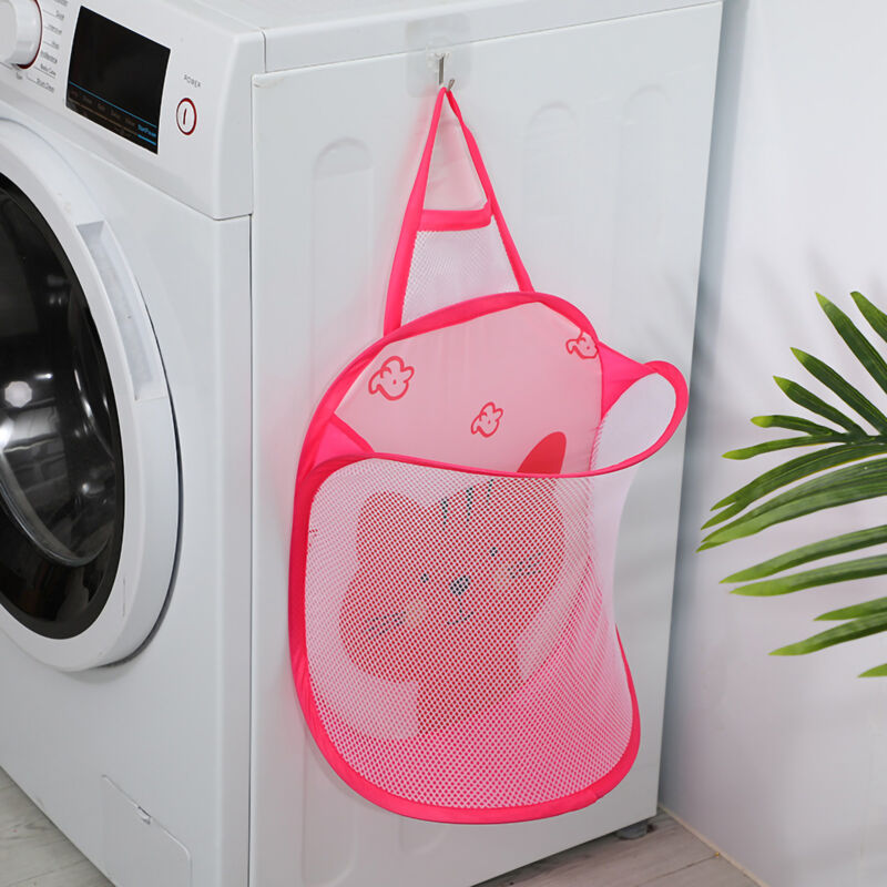 Großer, Zusammenfaltbarer Wäschesack Mit Wandhaken, Herausnehmbarer Wäschekorb Mit Rosa Katzenmotiv Fürs Badezimmer, Atmungsaktives Netzgewebe.