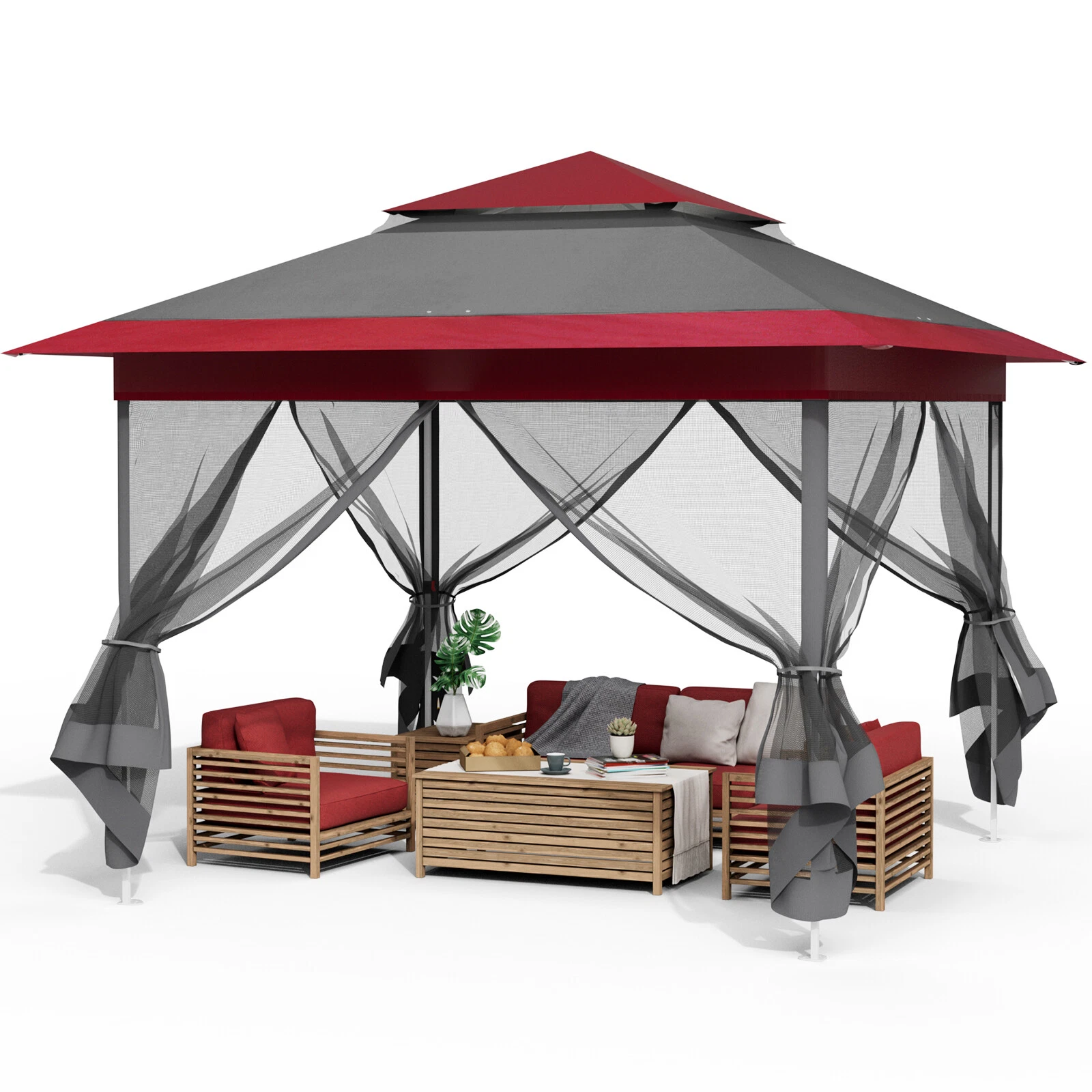 Faltpavillon 3,3 X 3,3 M Mit Moskitonetzen, Wasserdicht, Uv-schutz 50+, Rot-grau