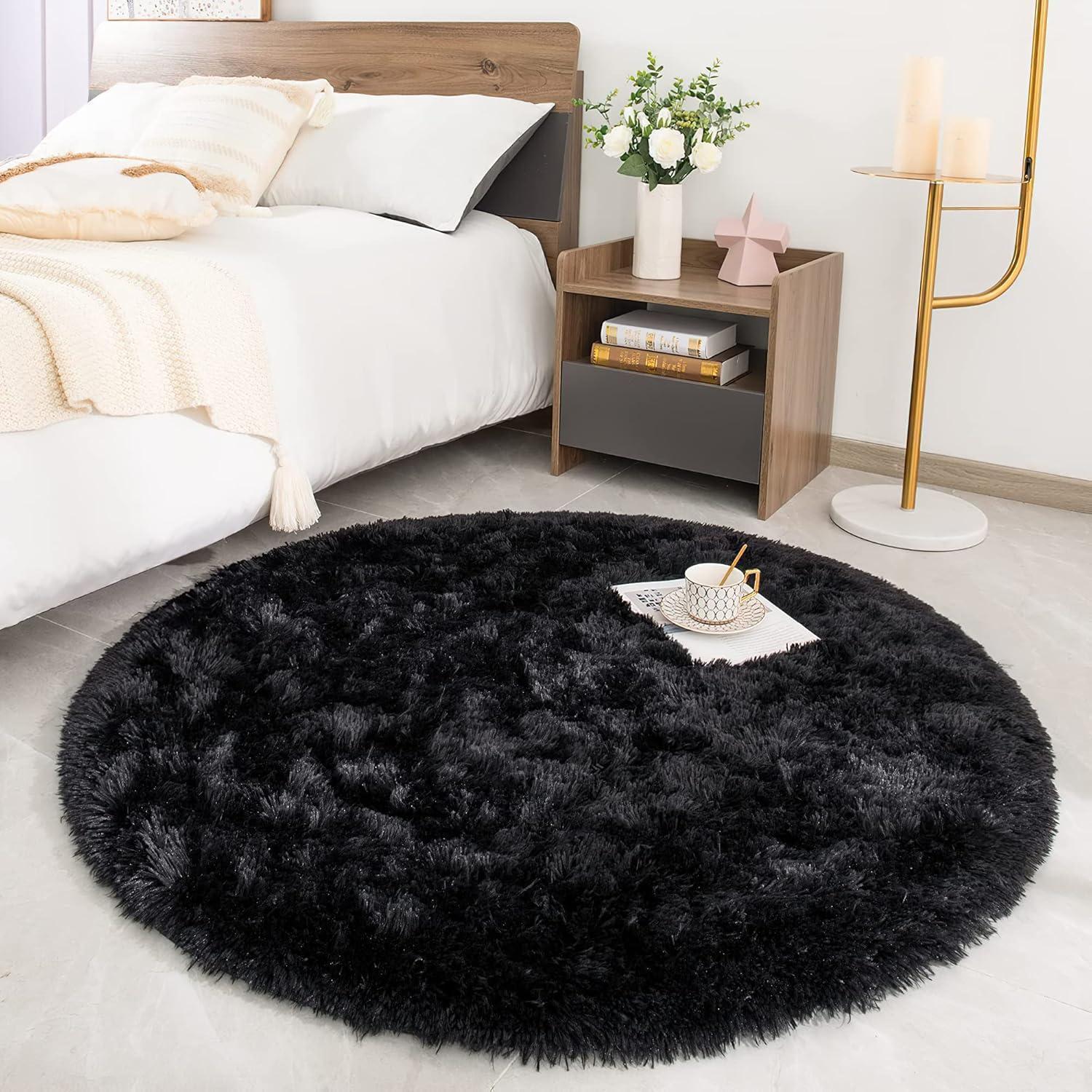 Teppich Rund Plüsch Kuscheltteppich Kinder Schwarz 150 X 150 Cm