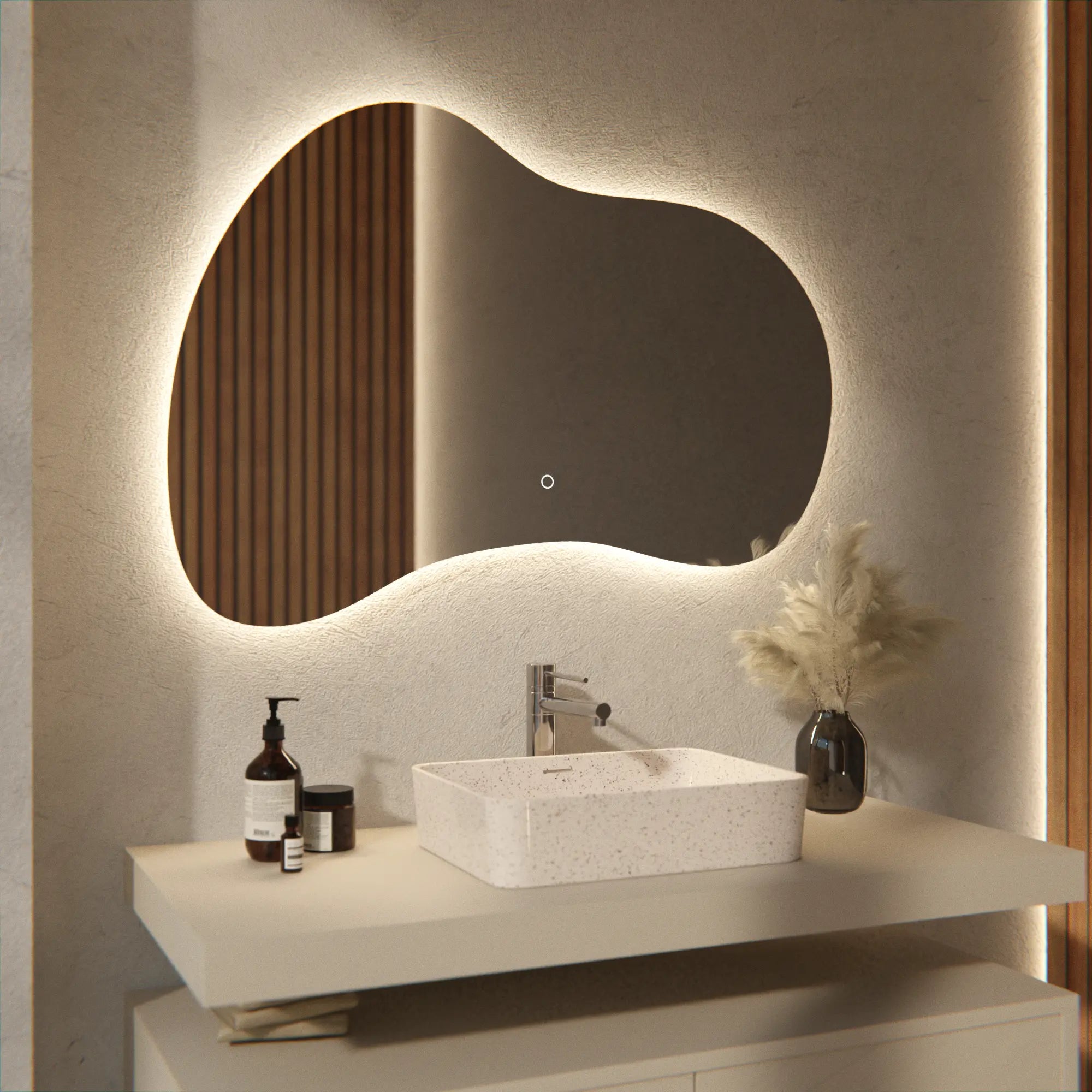 Asymmetrischer, Rahmenloser Led-badezimmerspiegel 100 X 70 Cm – 3 Dimmbare Lichtmodi – Antibeschlagfunktion – Ip44 Wasserdicht Und Touch-bedienung – Rostbeständig