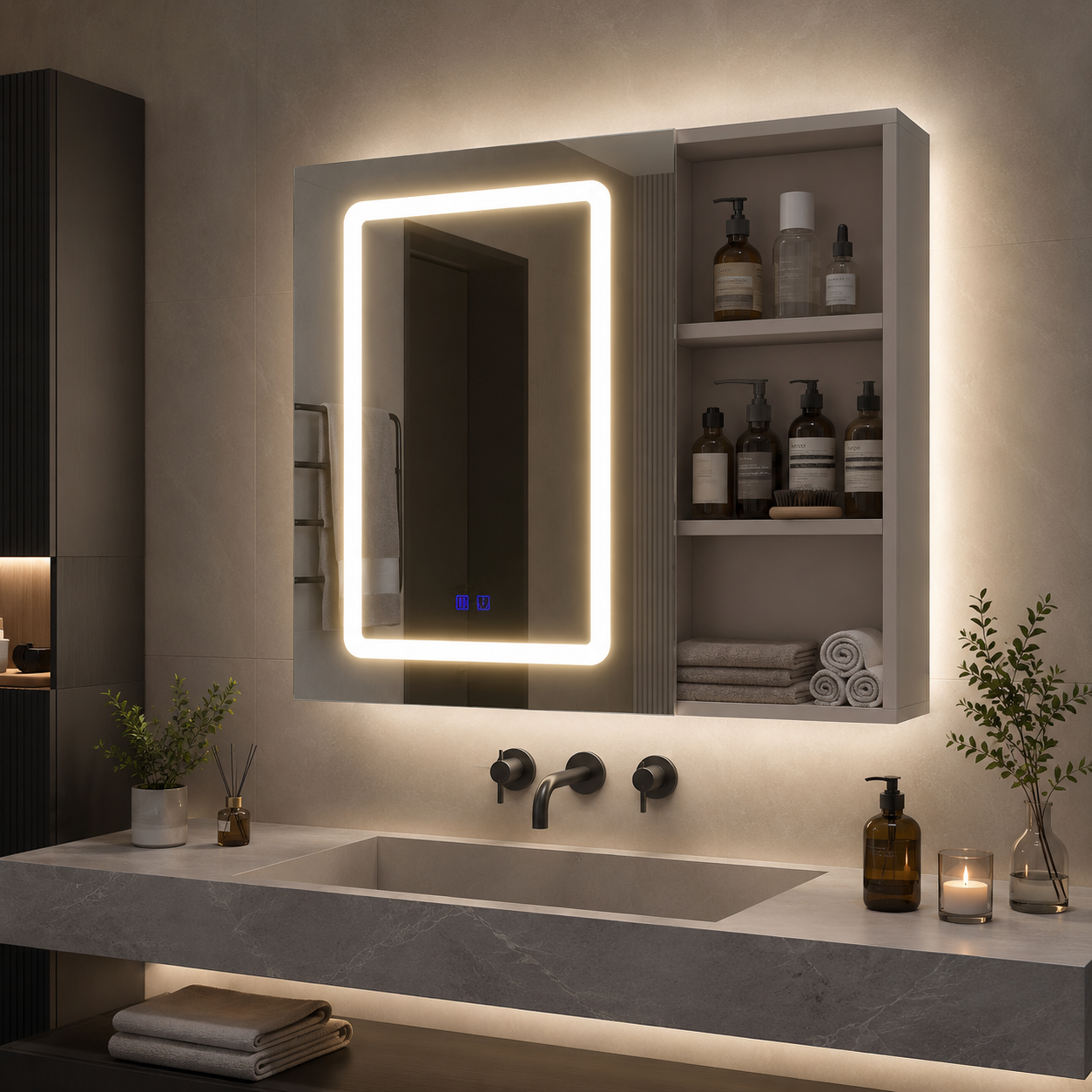 Led-spiegelschrank Fürs Bad 60 × 60 × 15 Cm, Wandmontierter Badschrank Mit Antibeschlagfunktion, Verstellbaren Einlegeböden Und 3 Lichtfarben, Weiß