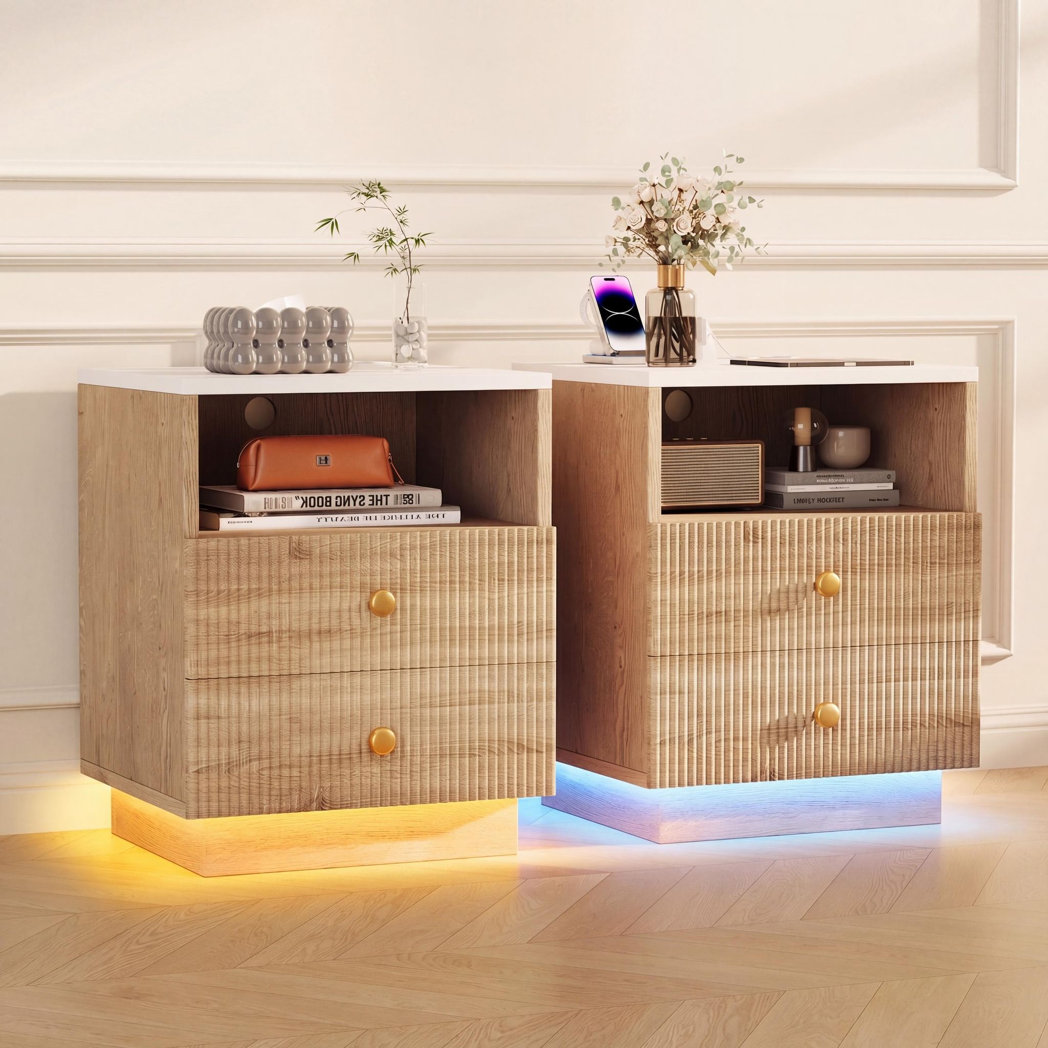 2er-set Nachttische Mit Usb-ladestation Und Steckdosen, Aufbewahrungsmöbel Mit 2 Schubladen, Led-beleuchtung Und Offenem Fach, Natur