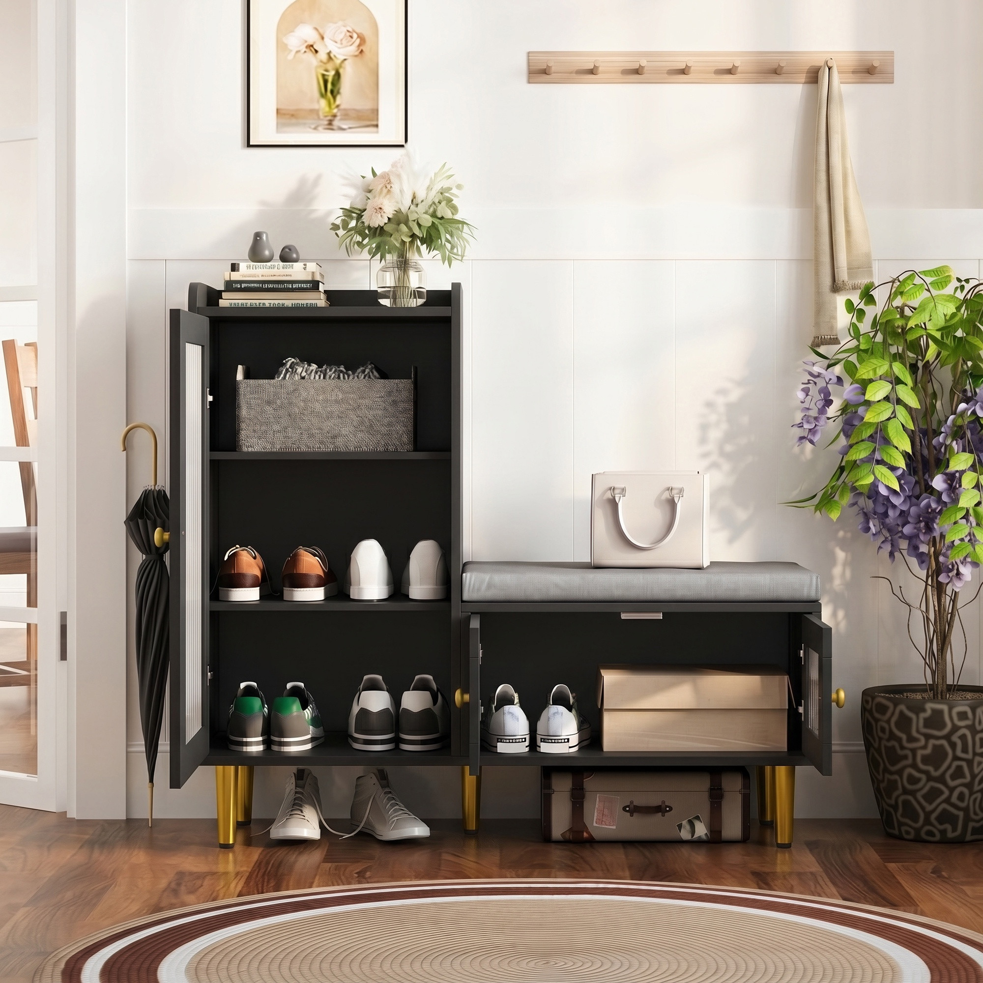 Schuhschrank Mit Sitzbank, 100 X 35 X 90 Cm, Gepolsterte Flurbank Mit 3-fach Höhenverstellbarem Einlegeboden, Schuhkommode Mit Geriffelter Glastür, Schwarz