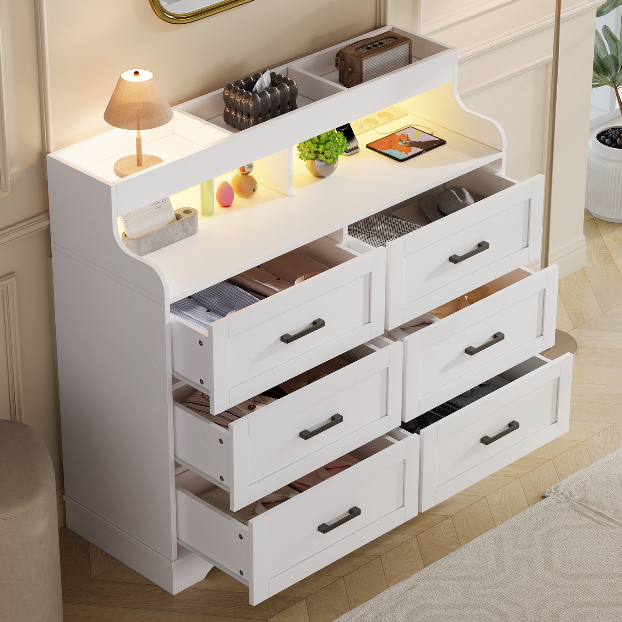Kommode, 110 X 99,5 X 39,5 Cm, Sideboard Mit Rgb-led-beleuchtung Und Eu-steckdose, Stauraummöbel Für Das Wohnzimmer, 6 Schubladen Und 3 Offene Fächer, Weiß