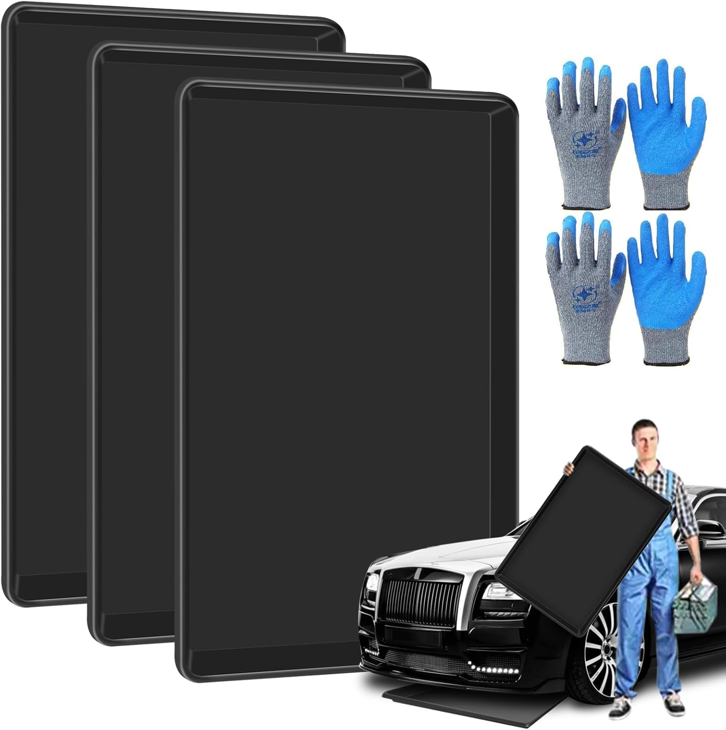 Ensemble Comprenant 3 Bacs De Récupération Extra Larges (90 X 60 X 4 Cm), Bac De Récupération D'Huile Sous Plancher, Bac De Récupération D'Huile En Plastique, Garde Le Sol Du Garage Propre Et Sûr.