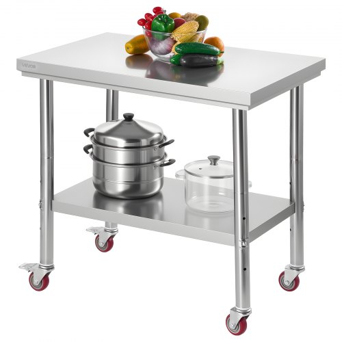Edelstahltisch Arbeitstisch Küchentisch (90 X 60 Cm) Zur Lebensmittelzubereitung Mit Rädern, Zubereitungstisch Mit Verstellbaren Unterregal Für Großküchen Restaurants Hotels Garagen Outdoor