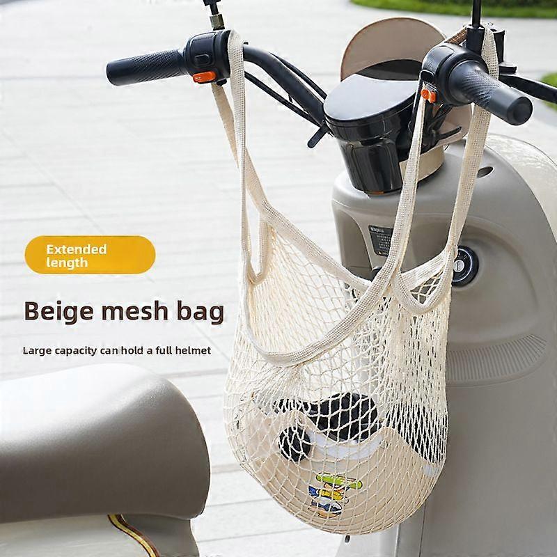 Sacoche Filet De Rangement Pour Moto (beige - Longue), Porte-casque Avant En Filet Élastique Pour Vélos Et Scooters Électriques, Compatible Avec Les Casques Intégraux, Sac De Transport Multi-usages