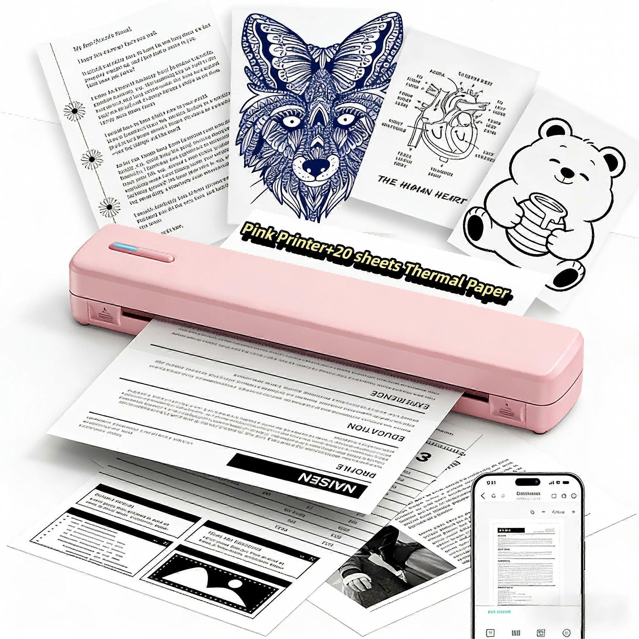 Imprimante Thermique Portable A4 Sans Encre (rose, 20 Feuilles), Chargement Usb Bluetooth Sans Fil, Compatible Ios, Android, Windows Et Mac, Idéale Pour Les Voyages, Le Bureau Et La Maison. Étiquettes