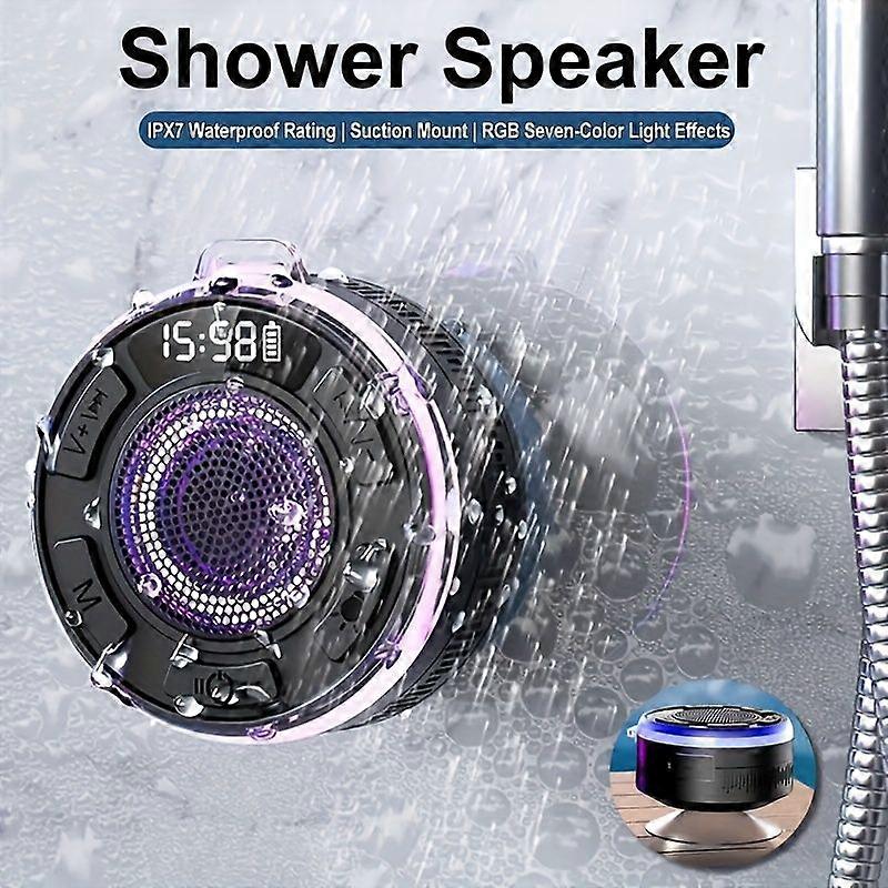 Enceinte De Douche Sans Fil, Étanche Ipx7, Enceinte Bluetooth Portable 5 W 45 Mm Avec Ventouse, Affichage De L'Heure Et Lumières Led Dynamiques, Appels Mains Libres
