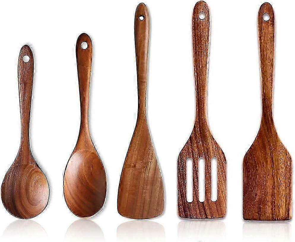Ensemble De 5 Ustensiles De Cuisine De Luxe En Bois : Cuillères, Spatule Antiadhésive Et Autres Accessoires De Cuisine. Spatule En Bois De Qualité Supérieure.