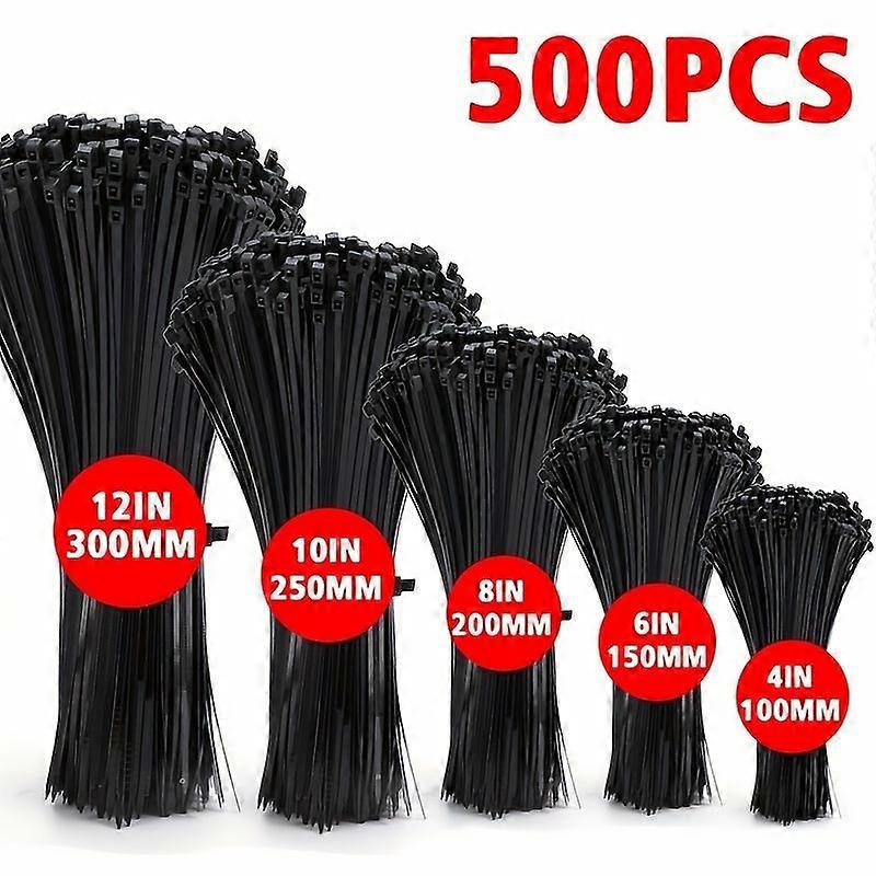 Lot De 500 Attaches De Câble Autobloquantes Noires, 5 Tailles Assorties De 100 À 300 Mm, En Nylon Résistant Pour Une Utilisation Intérieure Et Extérieure À La Maison, Au Bureau, Au Jardin Ou À L'Ateli
