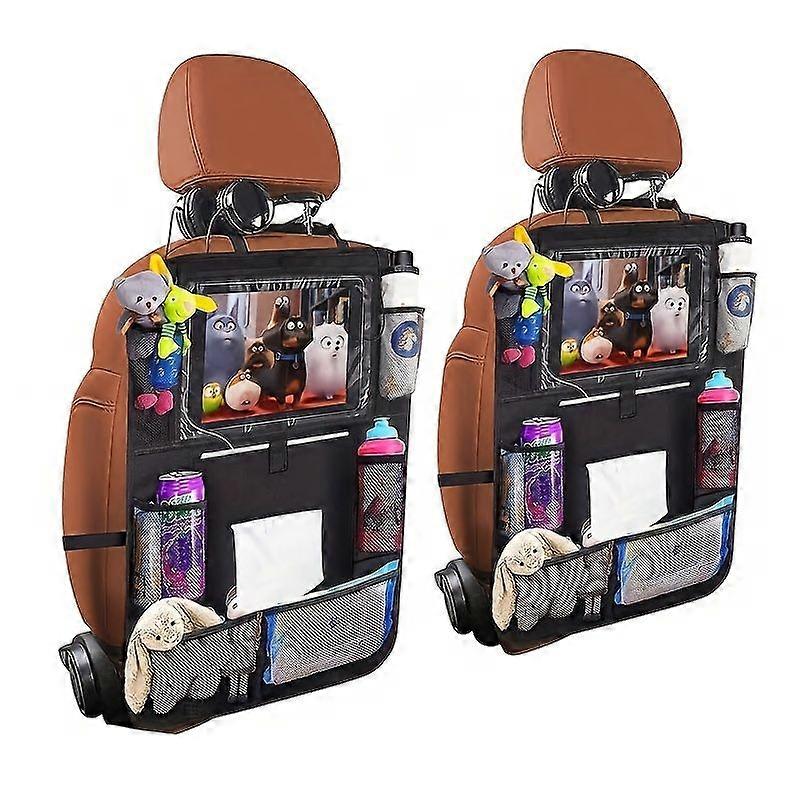 Sac De Rangement Multifonctionnel Pour Siège Auto (deux Pièces Noires), Avec Poche Transparente Pour Écran, Poches Latérales En Filet Et Protection Anti-coups De Pied Pour Les Voyages En Voiture.