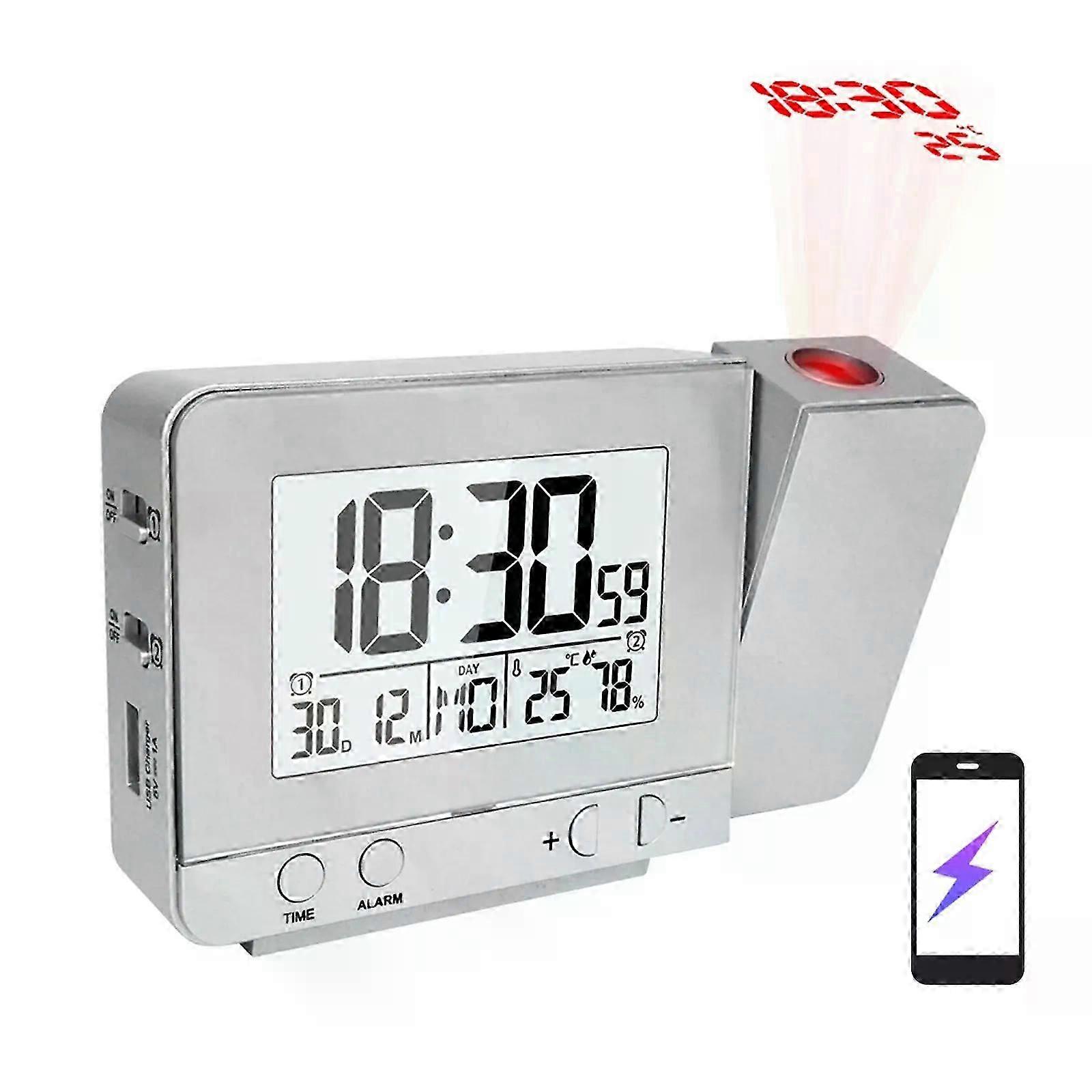Réveil Projecteur Pour Chambre Avec Thermomètre-hygromètre, Horloge De Plafond Numérique, Affichage Led À Luminosité Réglable Et Chargeur Usb.