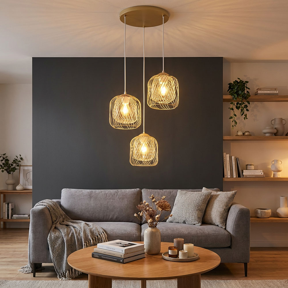 Led Pendelleuchte Hängelampe Esszimmerlampe 3-flammig Sandfarben H 150 Cm