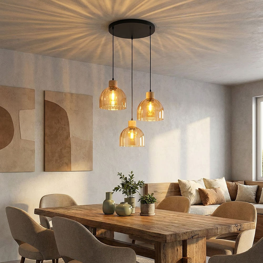 Led Pendelleuchte Hängelampe Metall Schwarz Matt Glas Holz Esszimmerlampe H130cm