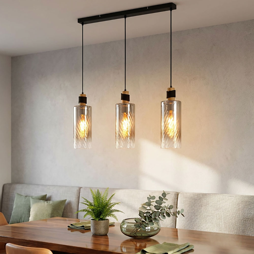 Led Hängelampe Pendelleuchte Metall Schwarz Holz Braun Glas Rauchfarben H 150cm