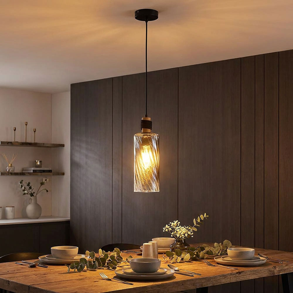 Led Hängelampe Pendelleuchte Schwarz Matt Holz Braun Glas Rauchfarben H 150cm