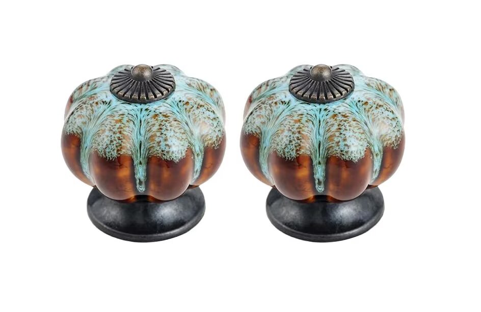 Set Mit 2 Kürbisförmigen Schubladenknöpfen, Vintage-möbelgriffe 3,8 X 4,0 Cm, Keramikknopf Mit Blauem Leopardenmuster