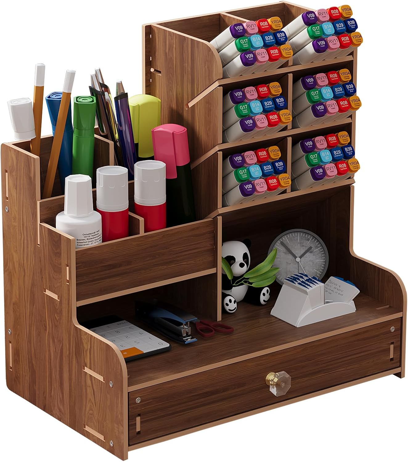 Großer Schreibtisch-organizer Aus Holz Mit Schublade Für Zuhause, Büro Und Schule (walnussholz)