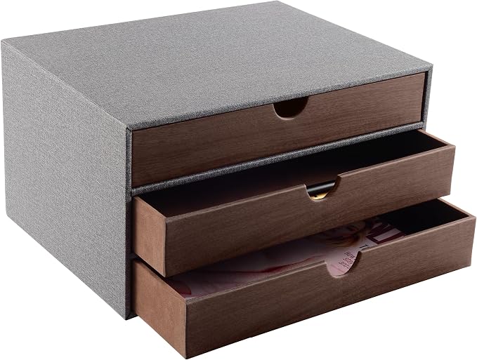 Schubladenbox Fürs Homeoffice Mit 3 Geschlossenen A4-fächern Aus Pu-leder, Schmuck- Und Kosmetikaufbewahrung, U-förmiger Öffnung, Handgenähten Nähten (grau)