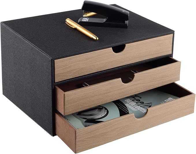 Büroschubladenbox Mit 3 Geschlossenen A4-fächern, Aus Pu-leder, Schmuckorganizer, Kosmetikorganizer, U-förmige Öffnung, Handgenähte Nähte (schwarz)