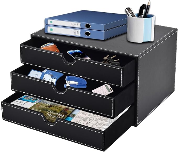 Schubladenbox Fürs Homeoffice Mit 3 Geschlossenen Fächern (a4) – Kunstleder – Schmuck- Und Kosmetikorganizer – U-förmige Öffnung – Handgenäht – Schwarz