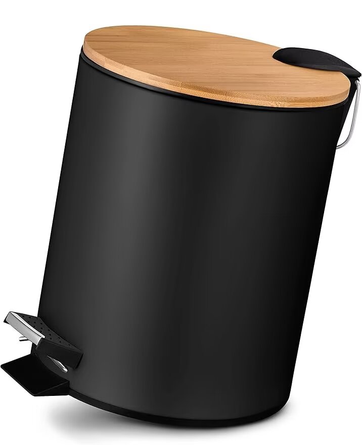 5-liter-badezimmerabfalleimer Treteimer Mit Soft-close-funktion Eleganter Kosmetikeimer Mit Bambusdeckel Schwarz
