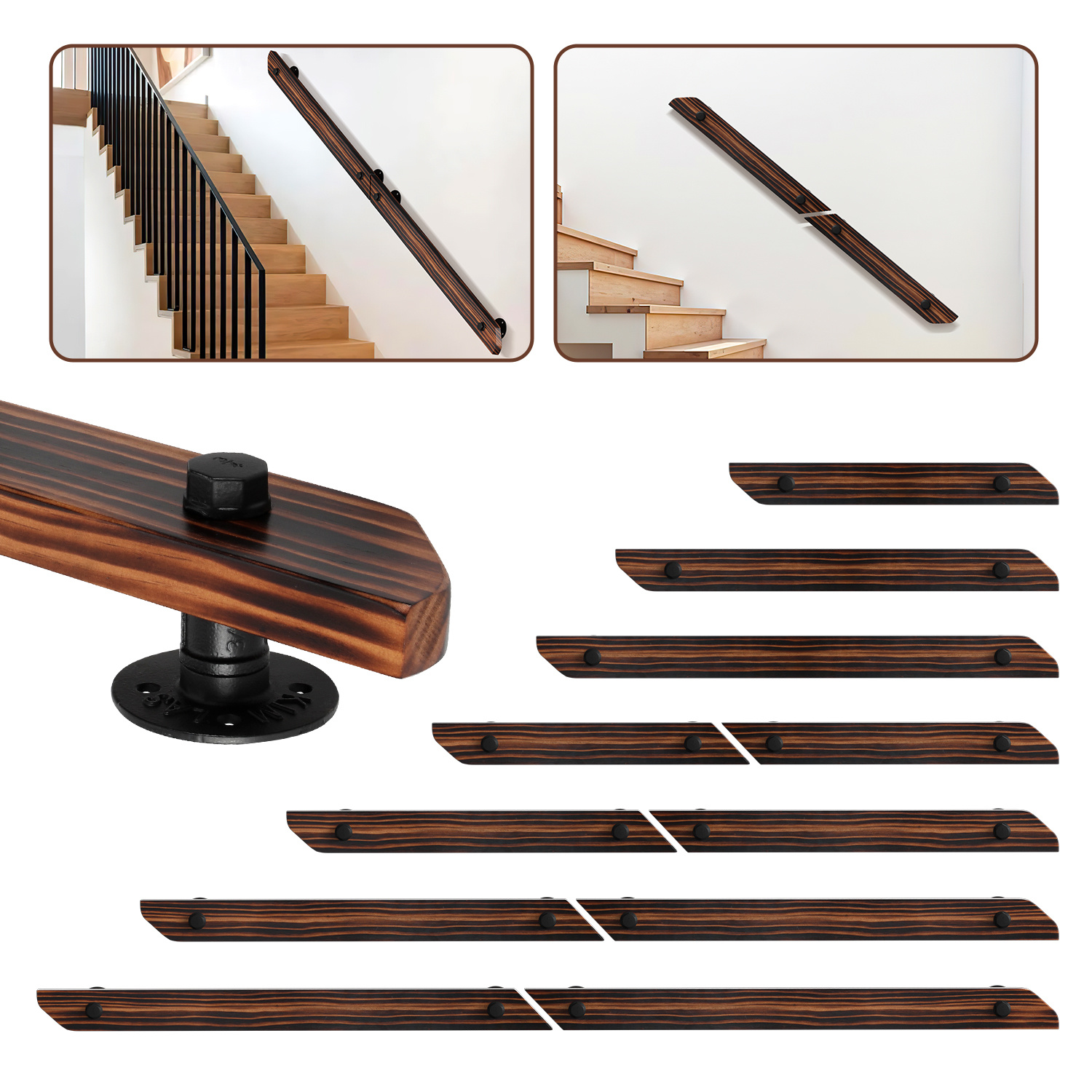 Jiubiaz Wandhandlauf Aus Kiefernholz 100 Cm, Braun Mit Holzmaserung, Treppenhandlauf Mit Eisenhalter, Horizontal Vertikal Schräg Montierbar