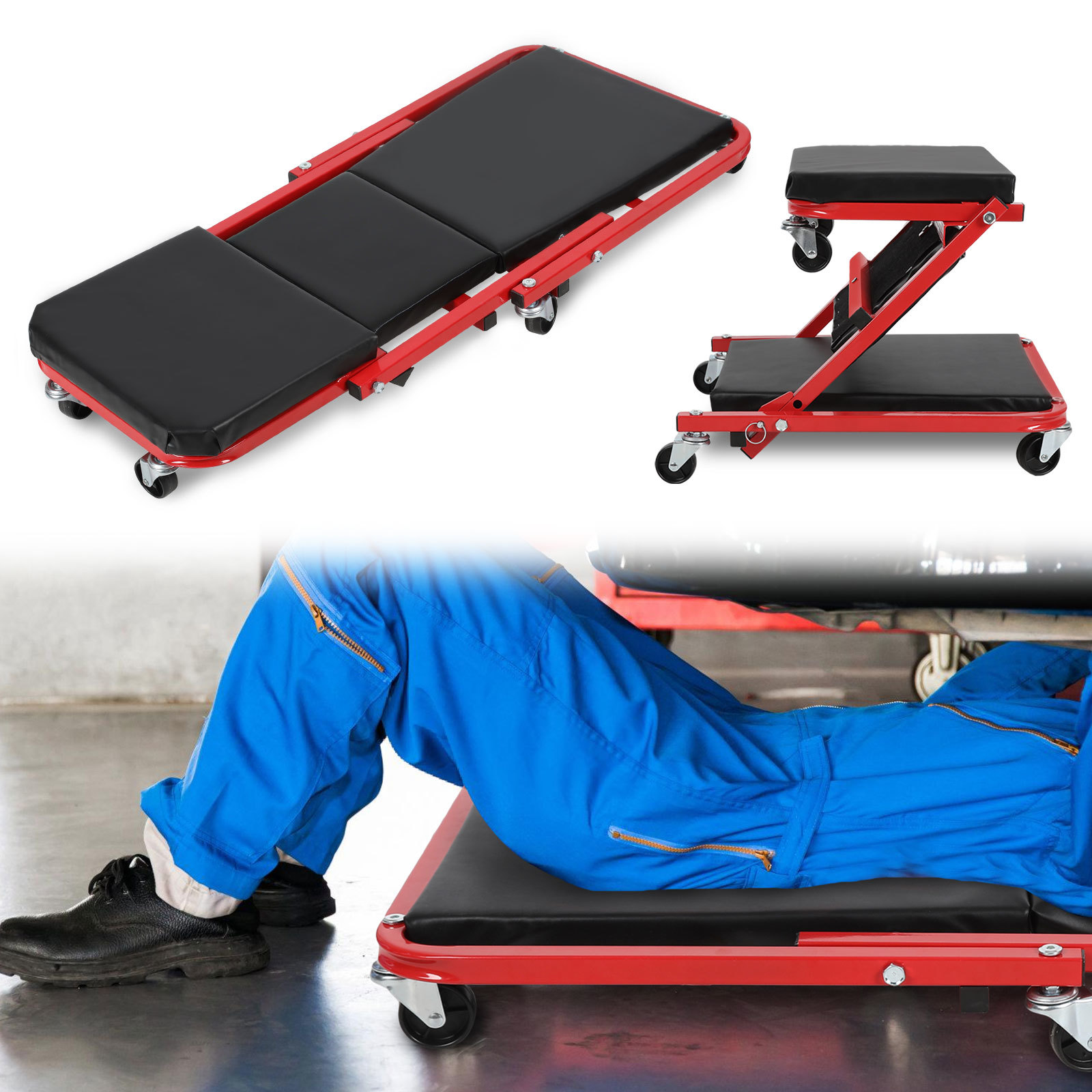 Randaco 2-in-1 Werkstatt Rollbrett 36 Zoll, Werkstattliege Und Klappsitz, 6 X 360° Lenkrollen, 150 Kg, Stahl, Schwarz-rot