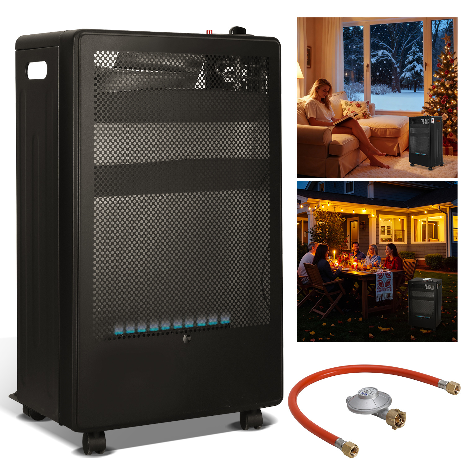 Randaco Blue Flame Gasheizer 3800w, 2 Heizstufen, Ods, Piezozündung, 5 Rollen