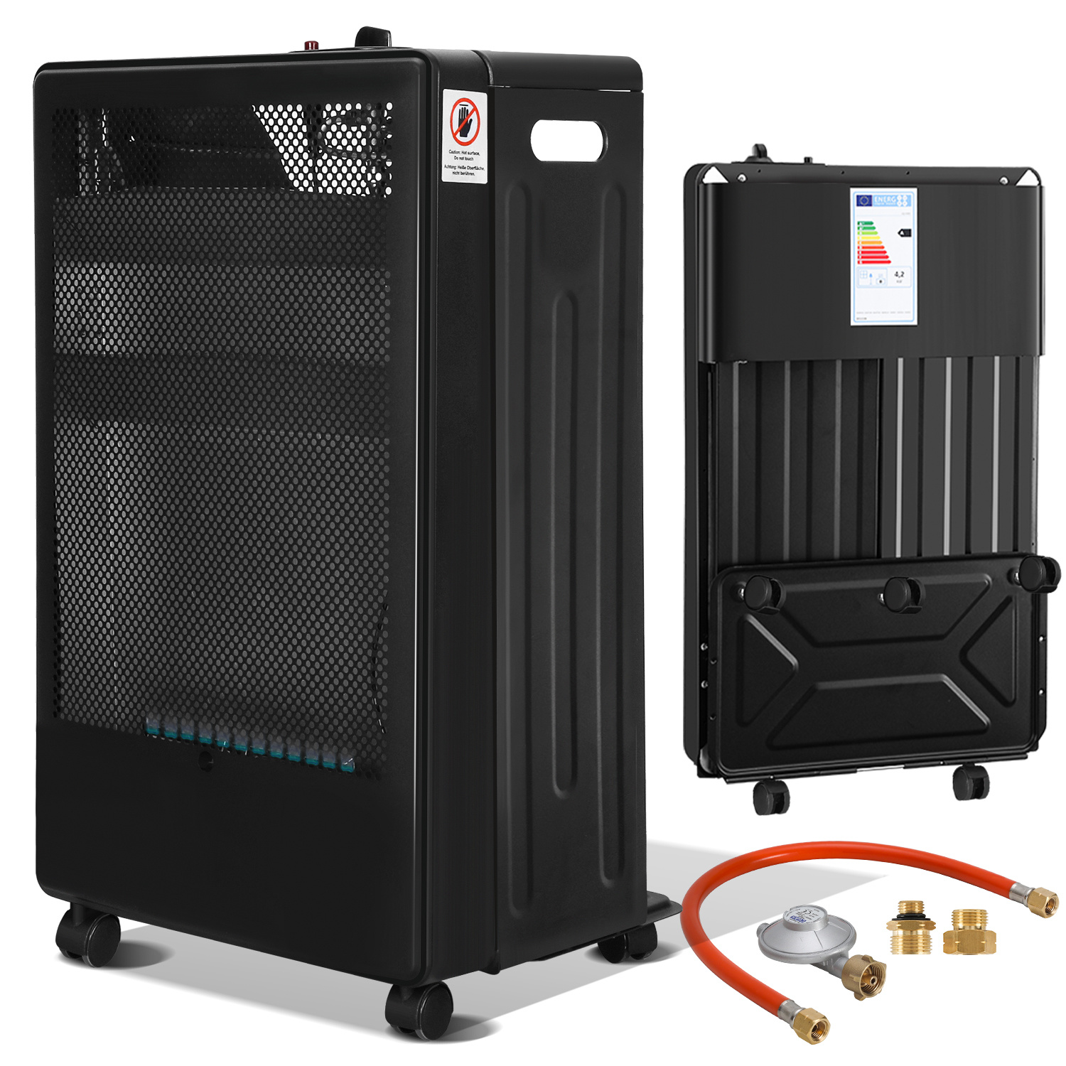 Randaco Blue Flame Gasheizer 3800w, 2 Heizstufen, Ods, Piezozündung, 5 Rollen, Inkl. 2 Eu-adaptern