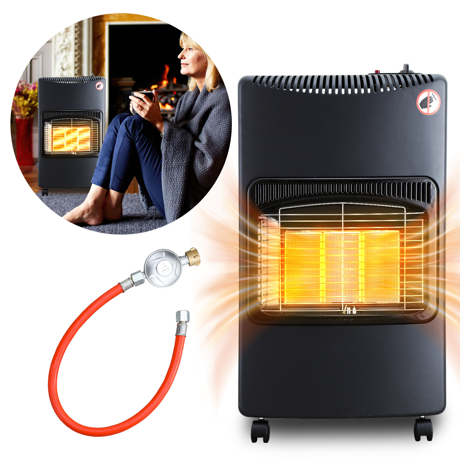 Randaco Gasofen Keramik 4200 Watt Mit 3 Stufen, Sauerstoffmangelsicherung, Gasschlauch & Regler, 5 Rollen, Inkl. 2 Eu-adaptern