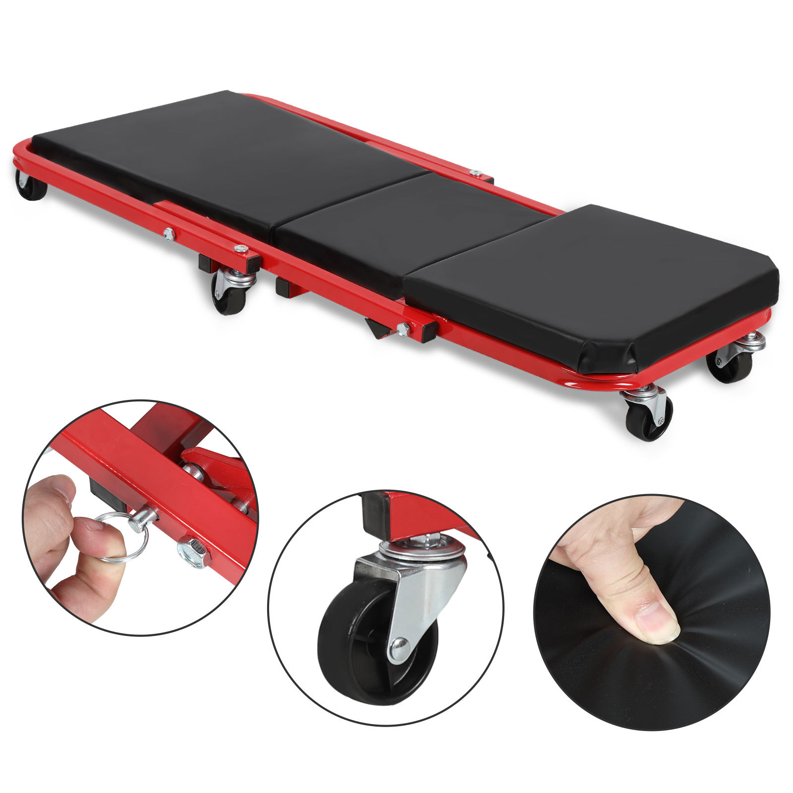 Randaco Kfz Montageliege 2 In 1, Rollbrett Werkstatt Und Werkstatthocker, 91 X 41 Cm, 6 Lenkrollen, Bis 150 Kg, Schwarz-rot