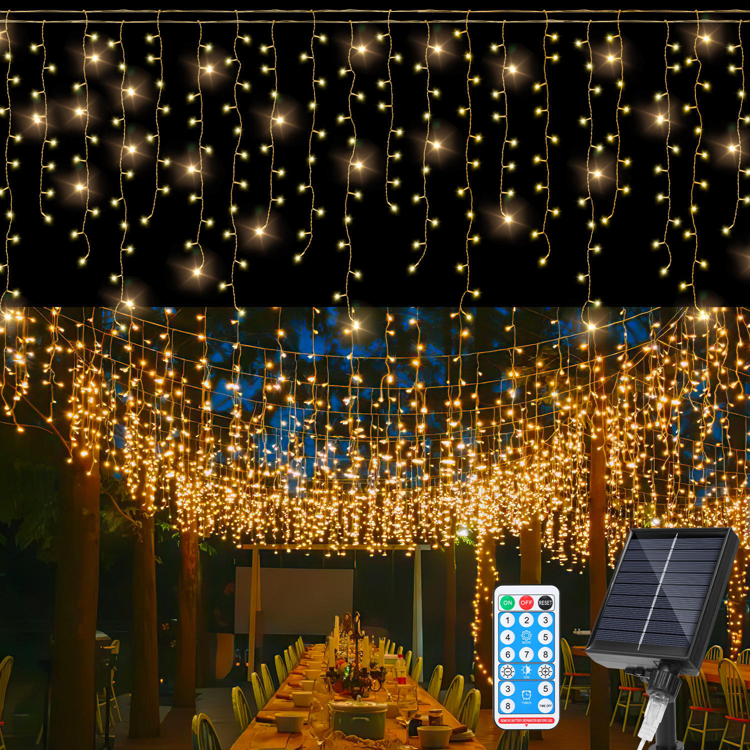 Randaco 5 M Led Solar Lichterkette Außen Wasserdicht Led Eisregen 200 Leds Eiszapfen Lichtervorhang Mit Fernbedienung Innen Outdoor Garten Deko Warmweiß