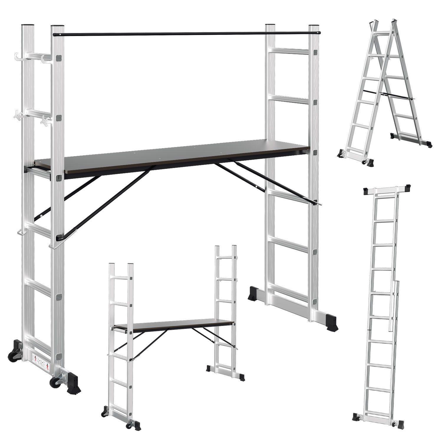 Randaco Arbeitsgerüst 4-in-1 Aluminium Mehrzweckleiter 2x6 Stufen Mit Plattform,150 Kg,276 Cm,silber