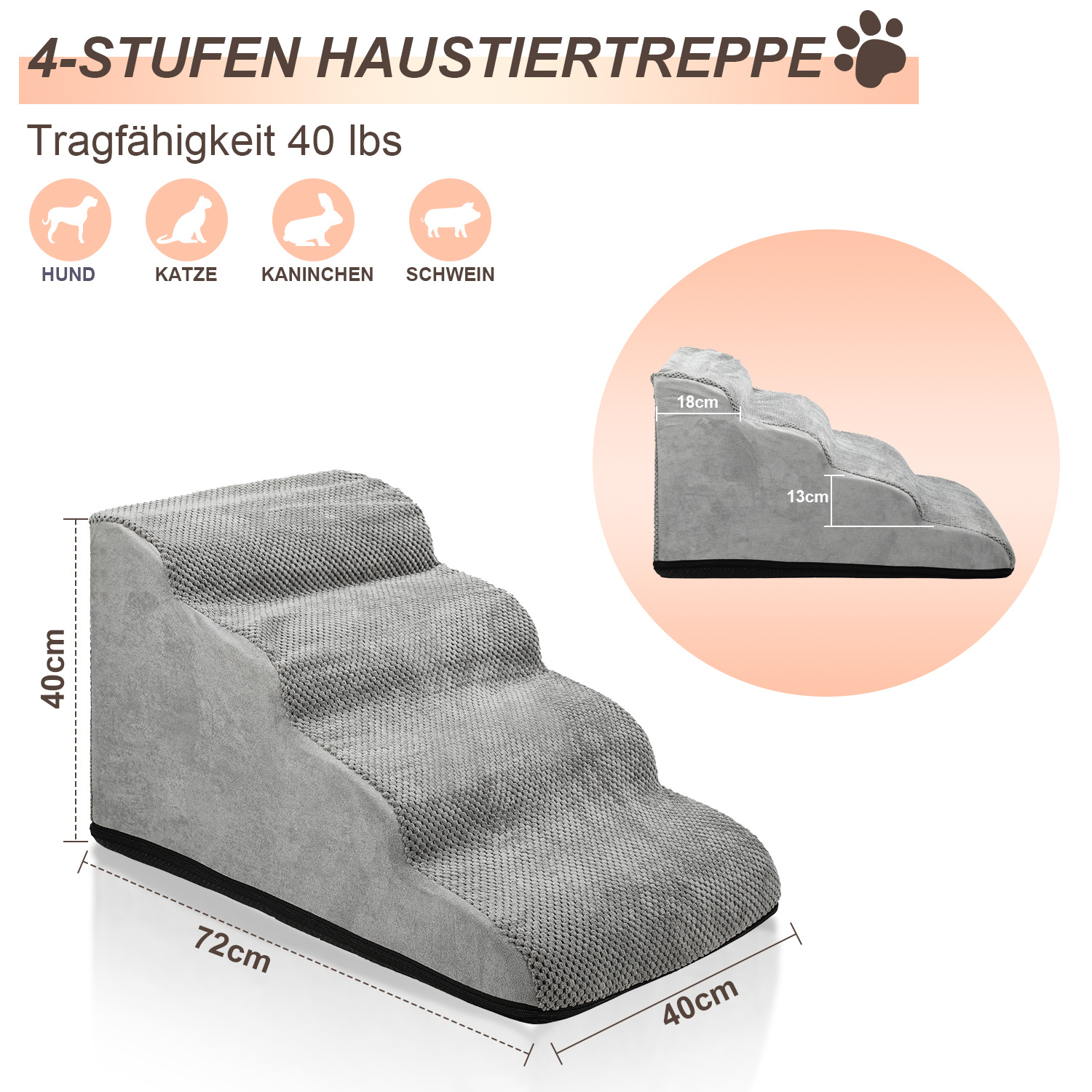 Randaco Hundetreppe 4 Stufen, Haustiertreppe Für Sofa Und Bett, Schaumstoff-tiertreppe Mit Abnehmbarem Waschbarem Bezug Und Rutschfestem Boden, Grau