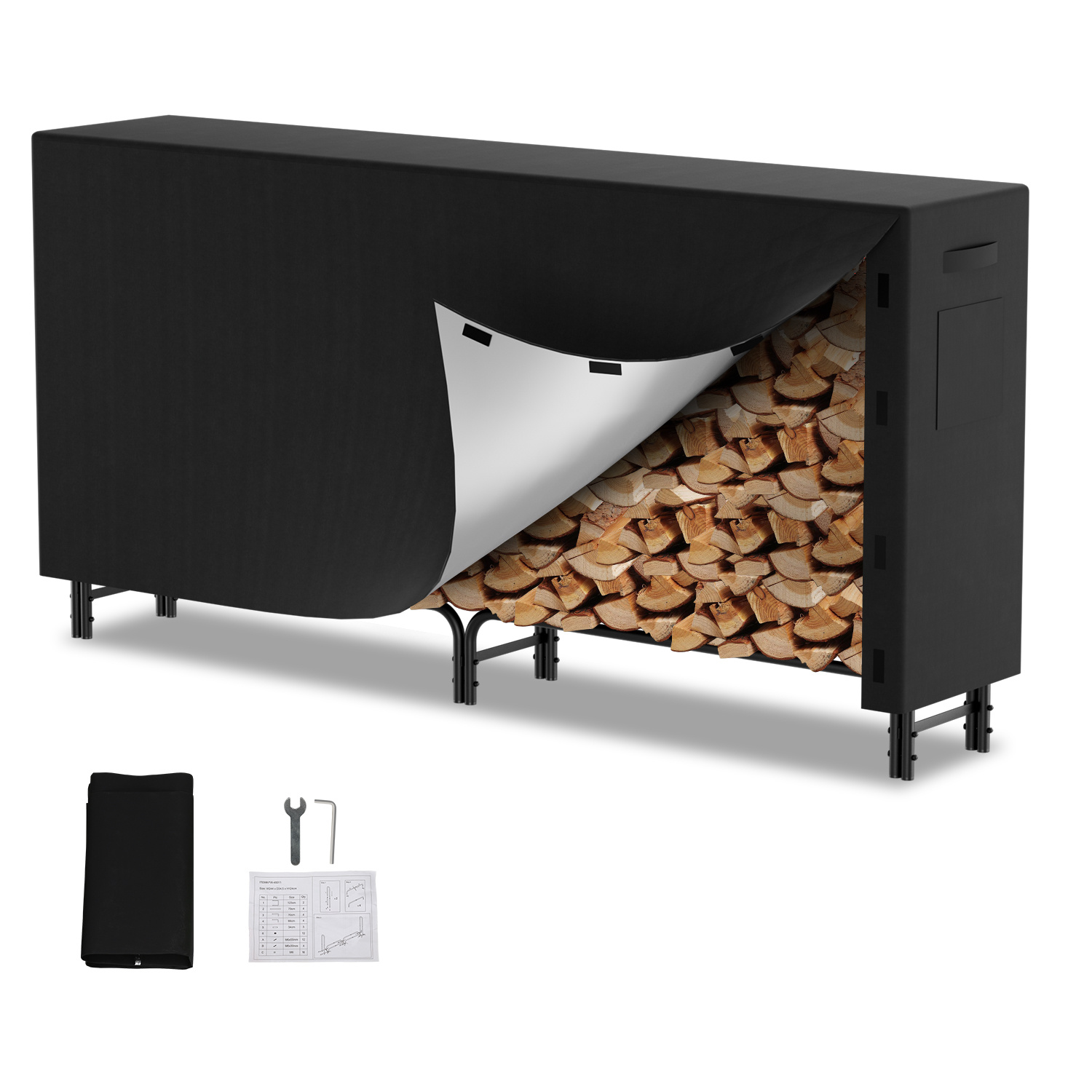 Randaco Kaminholzregal Brennholzregal Mit 210d Oxford-abdeckung, 244 X 34,5 X 124 Cm, Metallrahmen Schwarz, Große Holzlagerung Bis 300 Kg