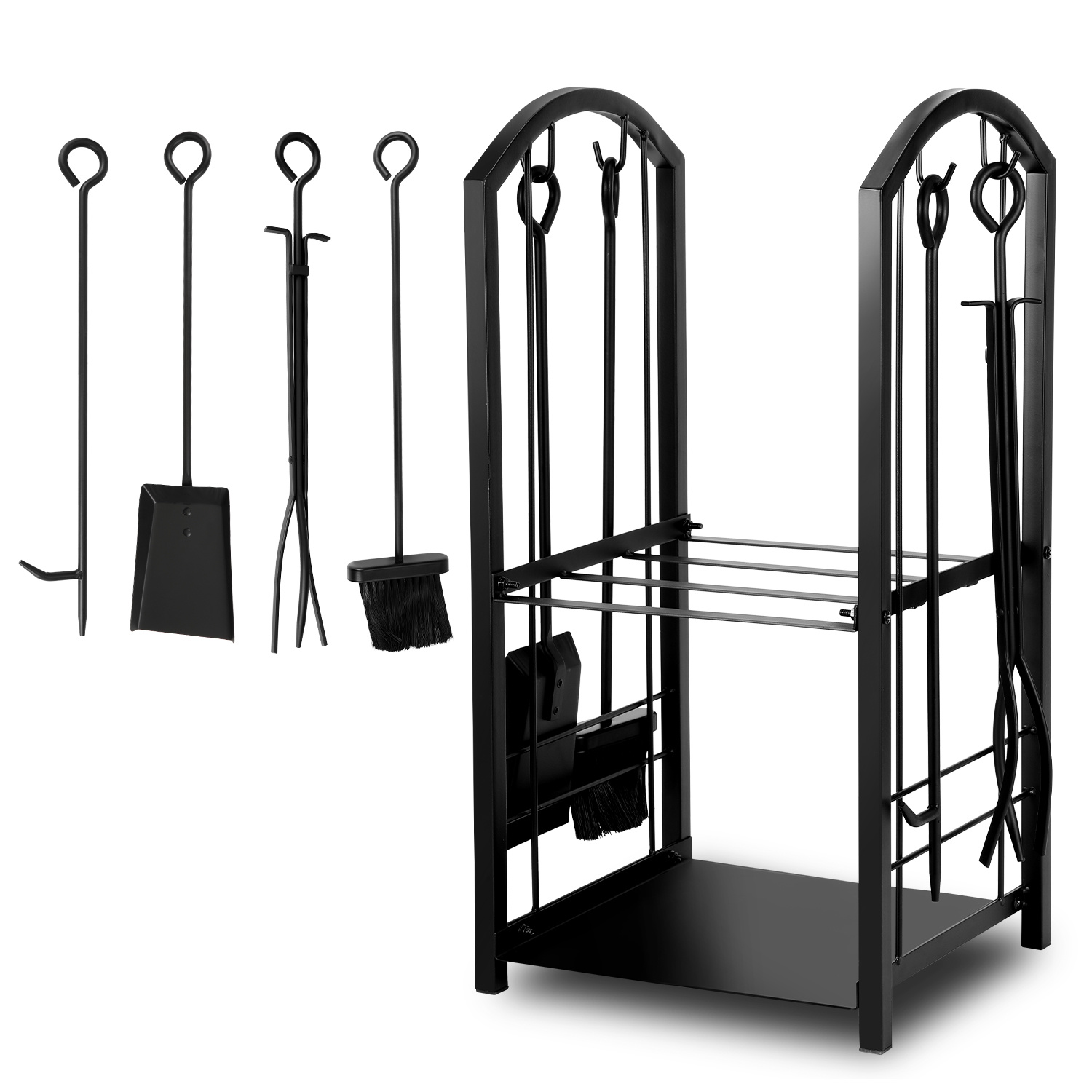 Randaco Kaminholzregal Brennholzregal Mit 4-teiligem Kaminbesteck, Doppelstock-metallständer, 37 X 33 X 74 Cm, Mit Besen, Zange, Haken Und Schaufel