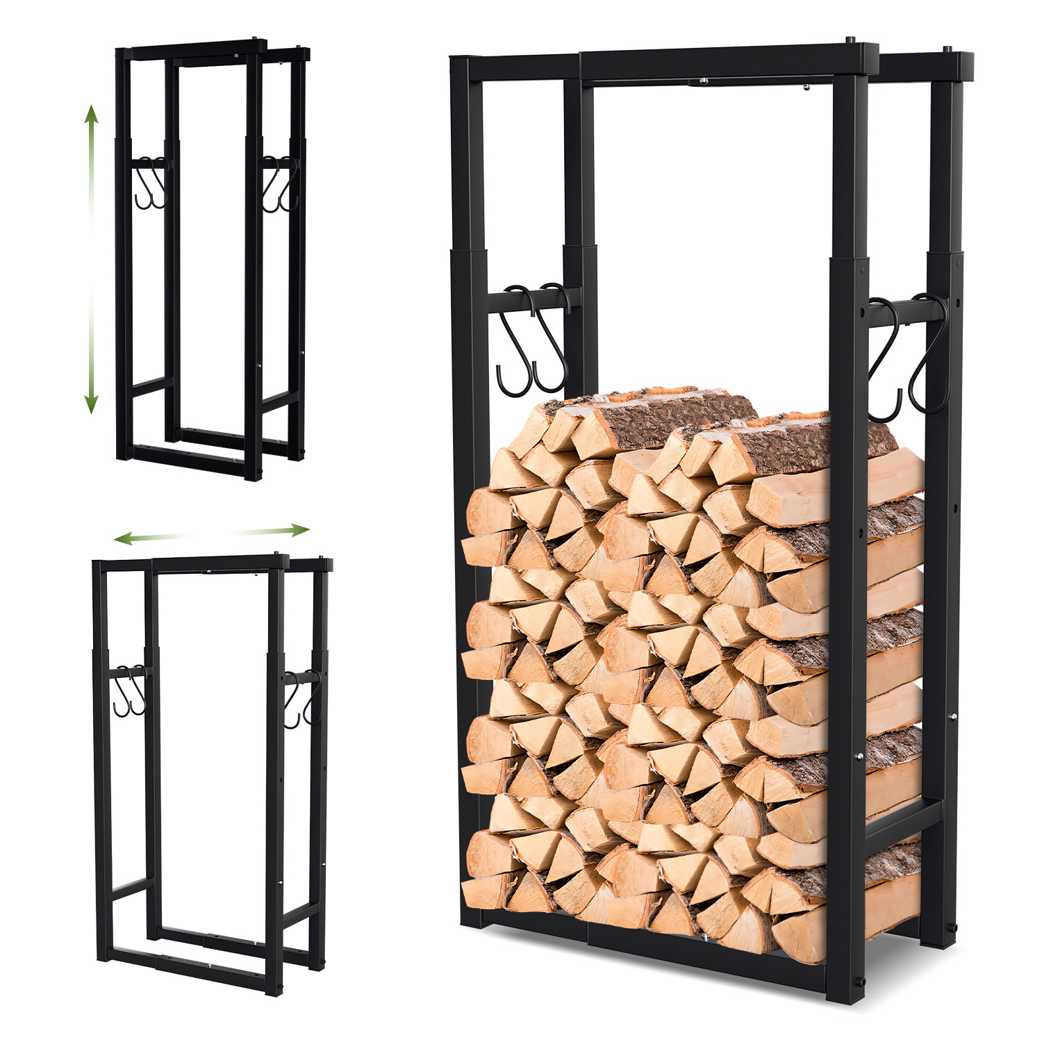 Randaco Verstellbares Kaminholzregal Brennholzregal Aus Metall Mit 4 Haken, Länge 60/80/100 Cm, Höhe 100/125/150 Cm, Breite 25 Cm