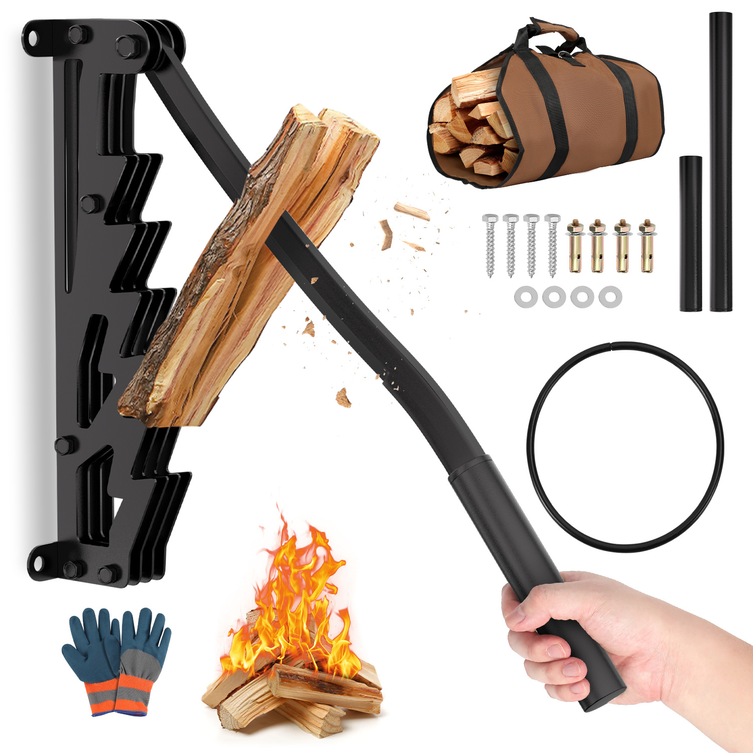 Randaco Manueller Holzspalter Für Kaminholz Mit Abnehmbarem Verlängerungsgriff Und Zubehör, Wandmontage, Schwarz