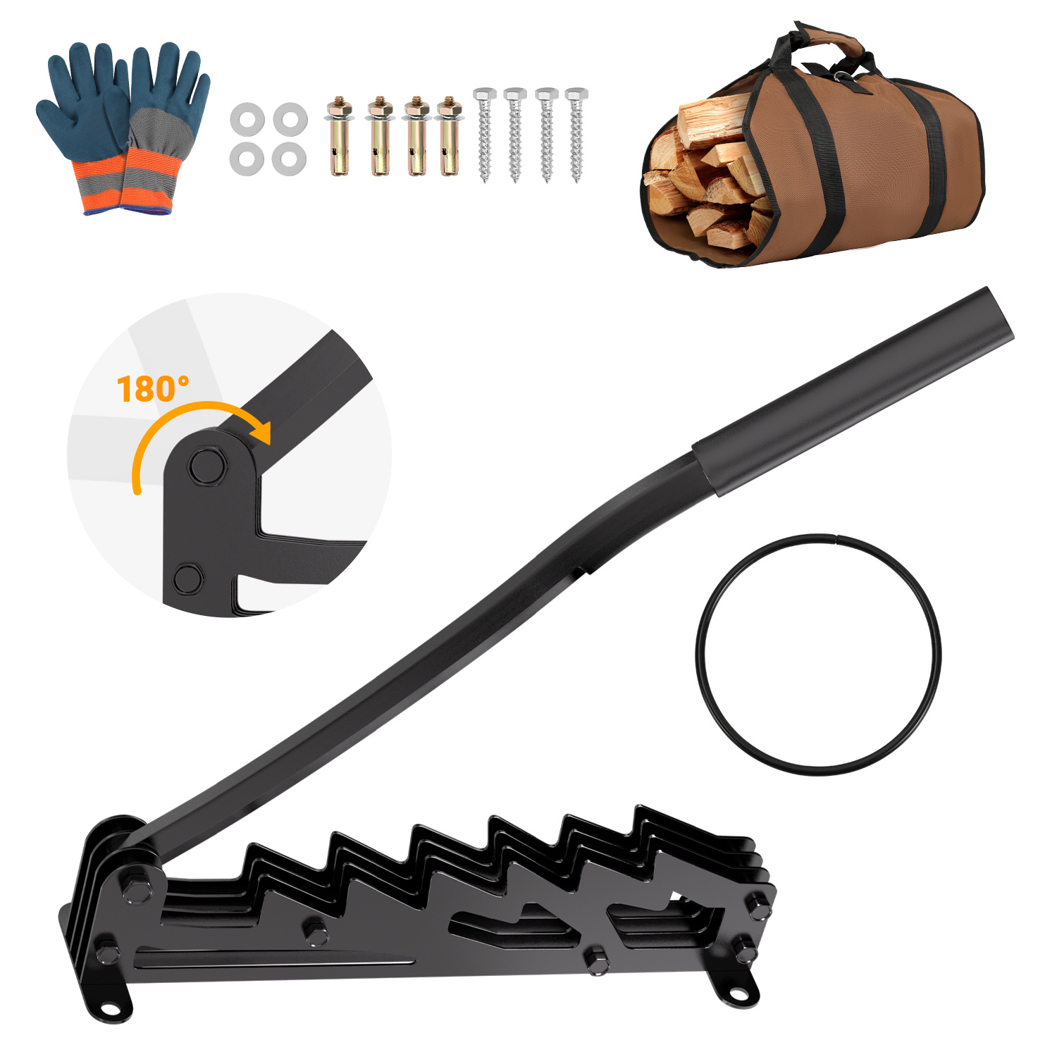 Randaco Manueller Holzspalter Für Kaminholz Mit Festem Griff Und Zubehör, Wandmontage, Schwarz