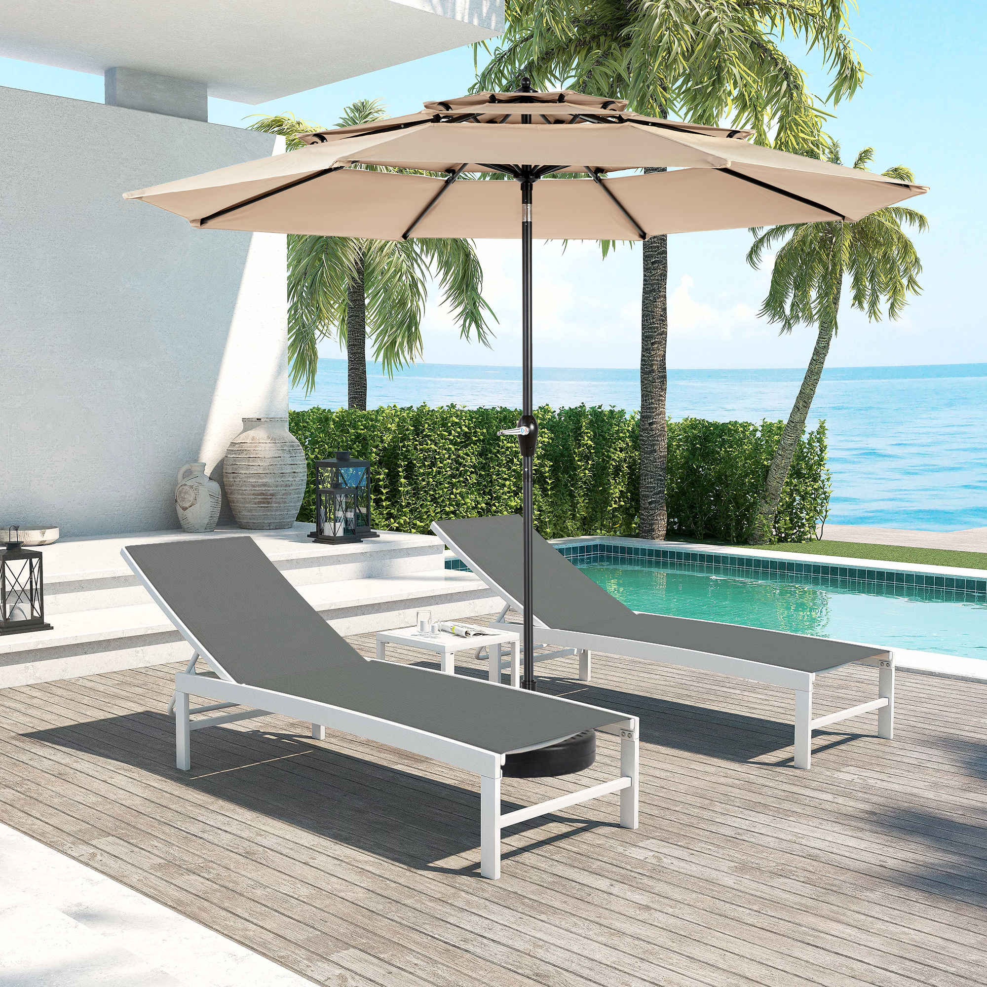 Aluminium 10ft 3 Tier Auto-tilt Umbrella – Powerful Shading Effect, Khaki