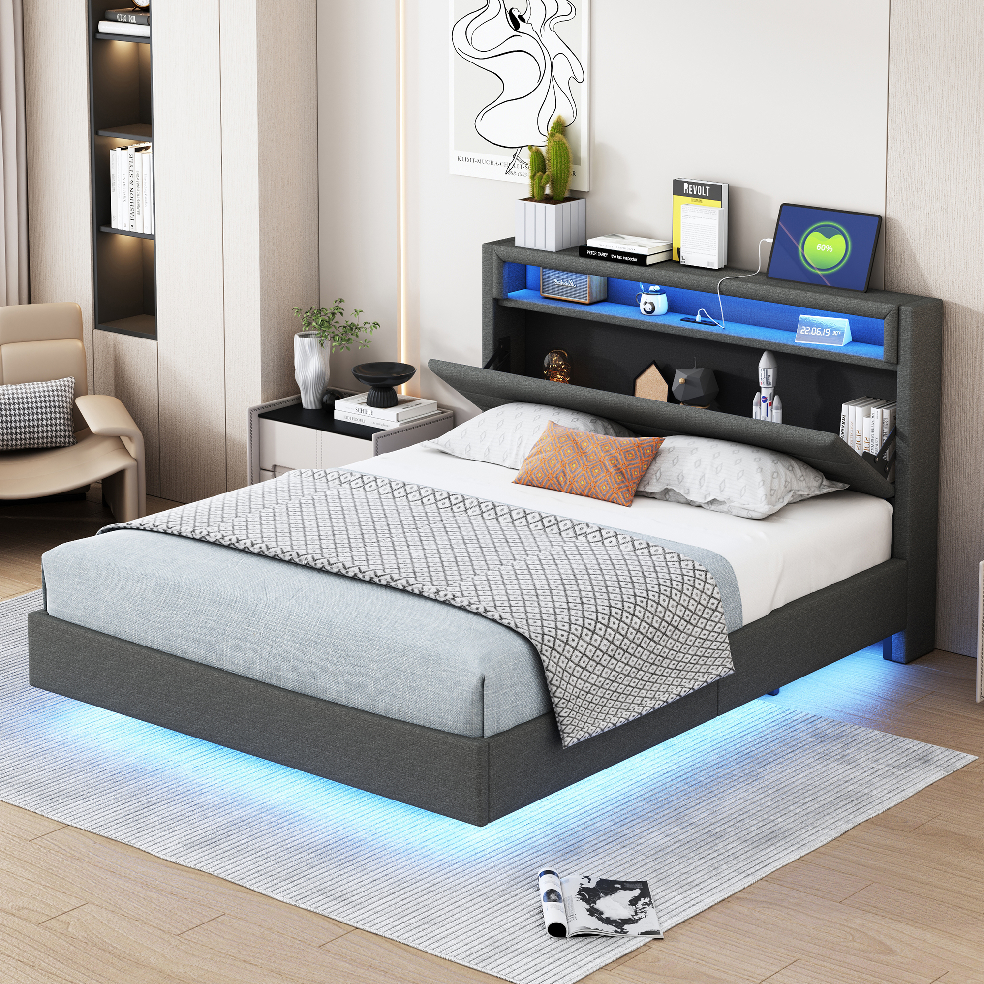 Polsterbett 140×200 Cm Mit Usb-steckdose Und Led-licht, Wendbares Kopfteil, Verdecktes Fußteil, Doppelflachbett, Jugendbett, Erwachsenenbett, Leinenstoff Grau – Multifunktionales Nachttischdesign- Die