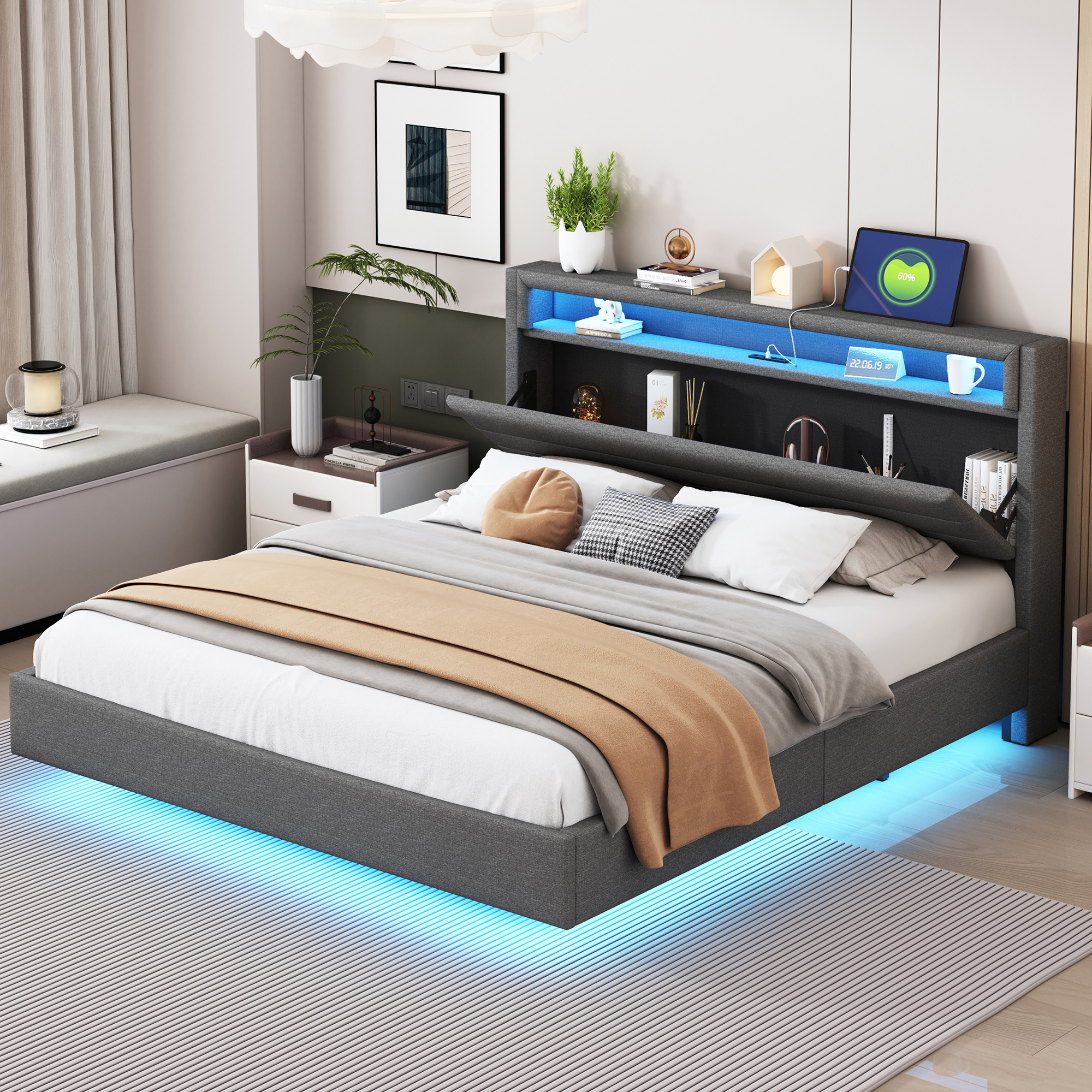 Polsterbett 160×200 Cm Mit Usb-steckdose Und Led-licht, Wendbares Kopfteil, Verdecktes Fußteil, Doppelflachbett, Jugendbett, Erwachsenenbett, Leinenstoff Grau – Multifunktionales Nachttischdesign- Die