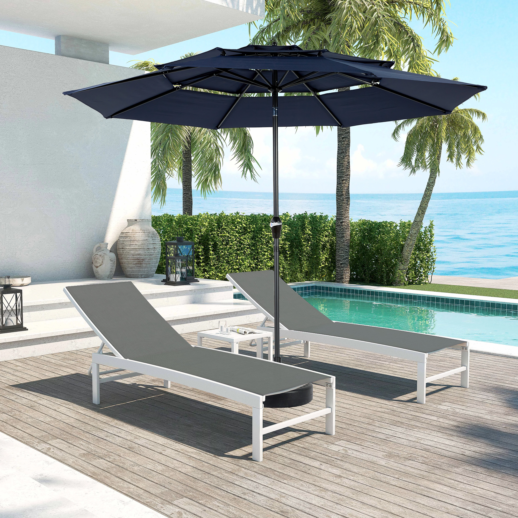 Aluminium 10ft 3 Tier Auto-tilt Umbrella – Powerful Shading Effect, Marineblau